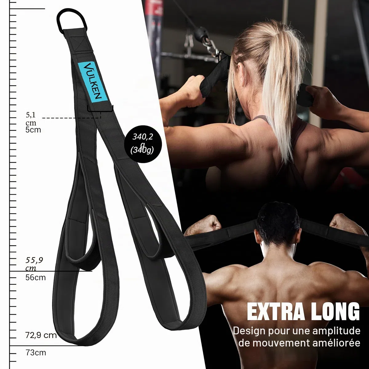 Vulken Corde de triceps avec fixation pour câble 2 tailles en 1 Extra longue Sangles d'extension pour triceps Équipement de gym Poignées d'entraînement pour bandes de résistance