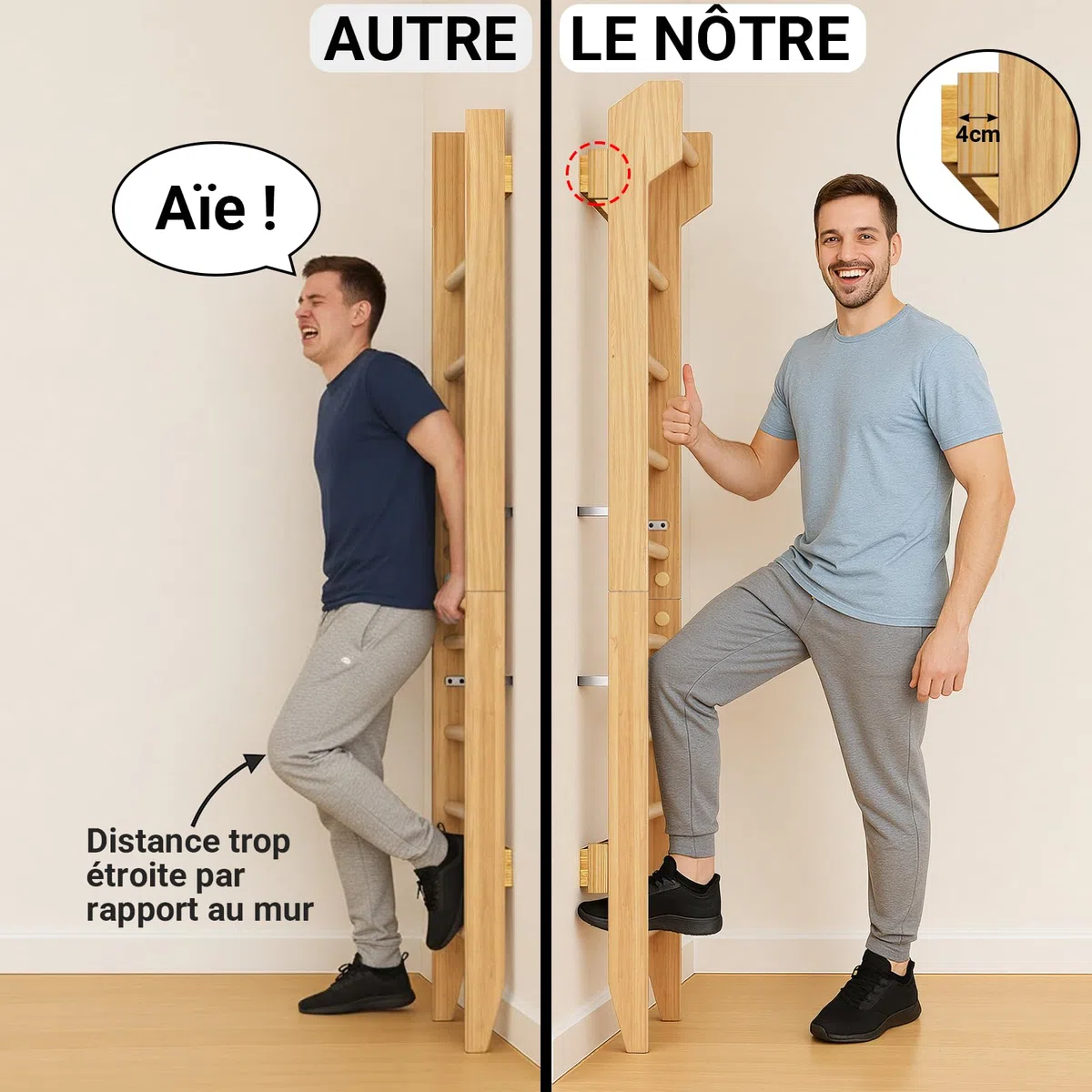 COSYLAND Espalier en Bois, Échelle Suédoise de Gym pour Adultes,Structure Murale Robuste Jusqu’à 100KG, Espalier Polyvalent pour Musculation, Étirements et Entraînement à Domicile