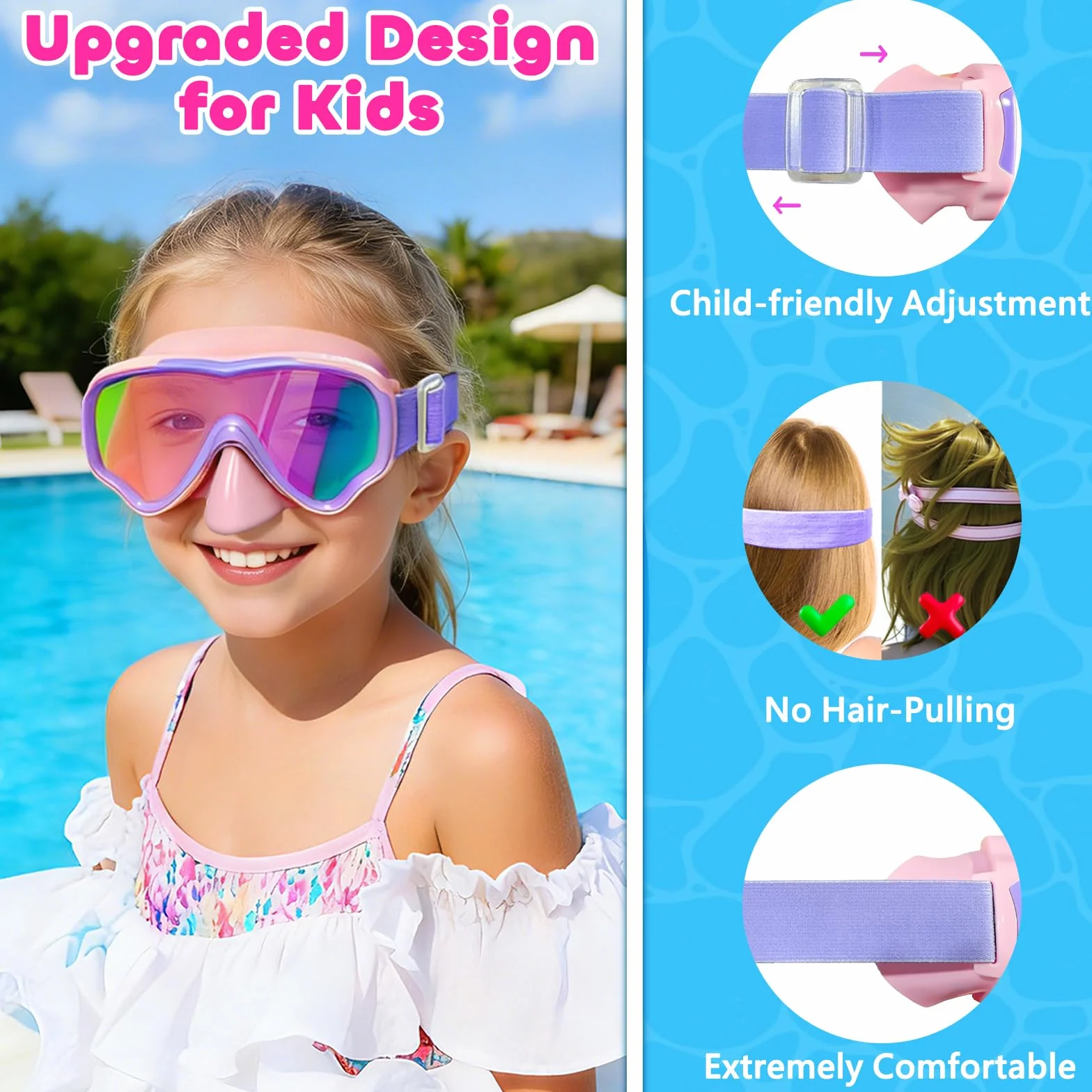 Lunette de Piscine Enfant avec Protection UV et Sangle en Tissu Doux, MOMUSE Masque de Plongée Enfant avec Couvercle de Nez 3D, Lunettes de Natation pour Garçons et Filles de 4 à 14 Ans