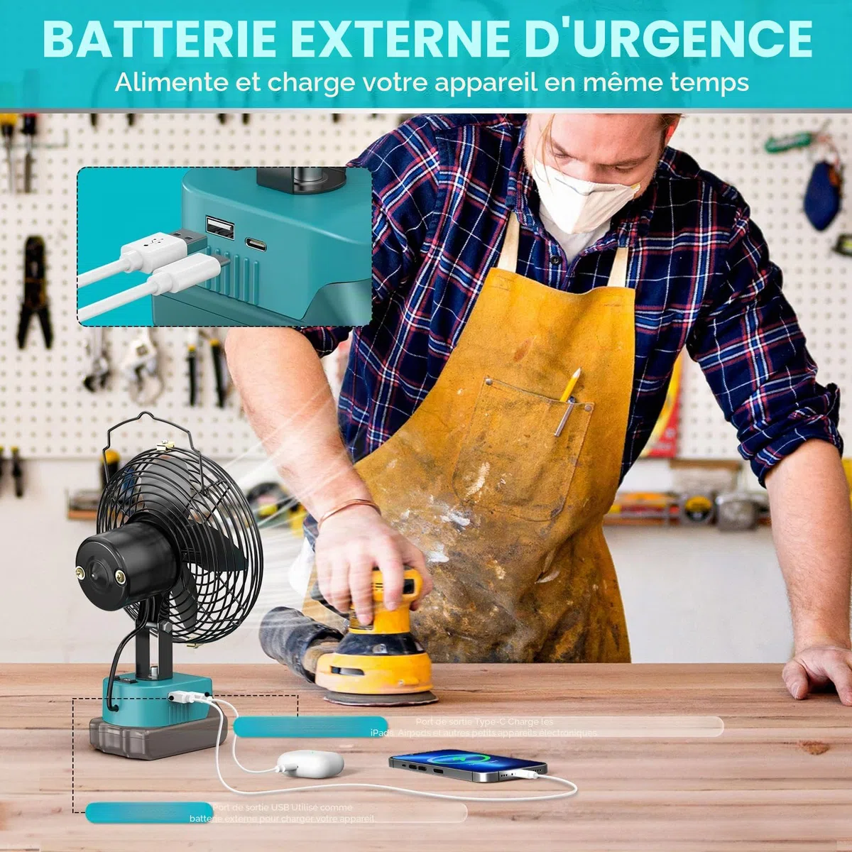 Ecarke Ventilateur Sans Fil 6 Pouces – Compatible avec Batteries Makita 18V, Ventilateur Portable avec Ports USB & Type-C – Idéal pour Camping, Atelier, Maison & Chantier (Sans Batterie ni Chargeur)