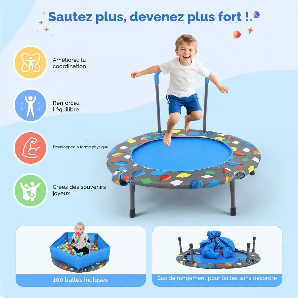 Trampoline de fitness pliable de 101 cm de diamètre - Capacité de charge : 150 kg - Hauteur de main courante réglable - Entraînement d'endurance - Différents groupes de personnes
