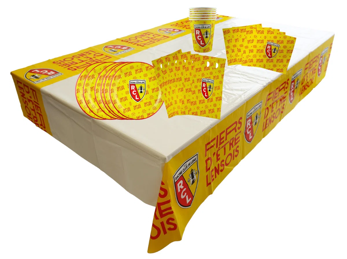 Kit fête Racing Club de LENS - 39 pièces 6 assiettes 6 gobelets 20 serviettes 6 sacs 1 nappe - Collection officielle RC LENS