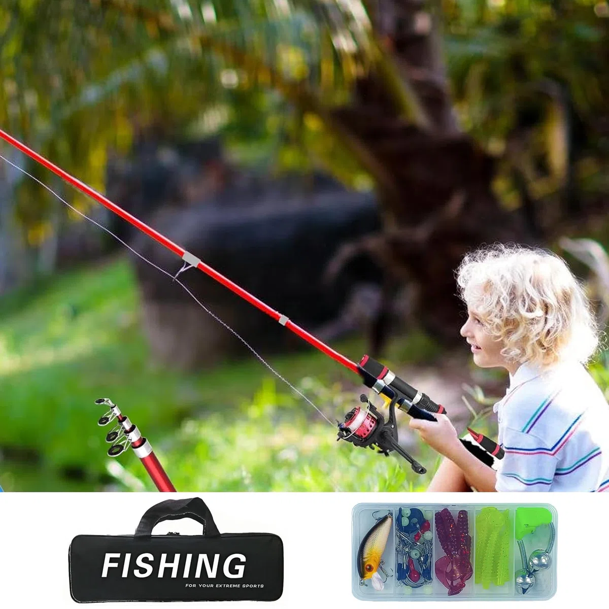 Kit de pêche pour enfants, Rouge 1.8m Ensemble de démarrage pour enfants, Ensemble de canne à pêche pour enfants avec moulinet et ensemble d'appâts, Moulinet en fibre de carbone, accessoires de pêche