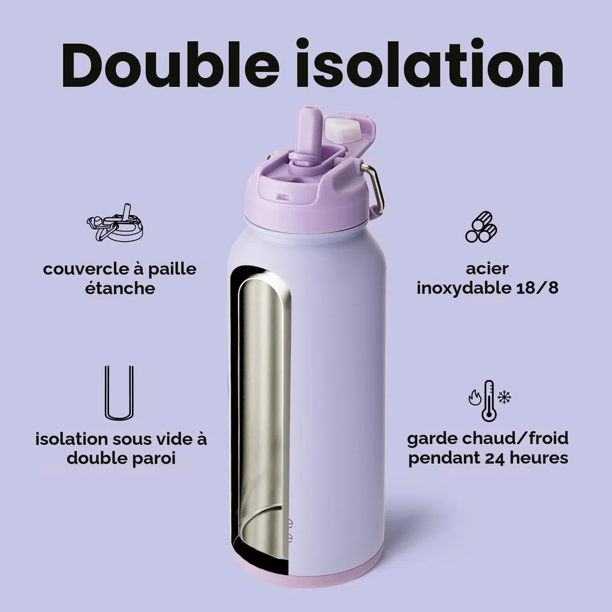 BOTTLE BOTTLE Gourde isotherme avec pilulier Bouteille isotherme de 900 ml Gourde sport en acier inoxydable pour l'extérieur, la randonnée (violet clair)