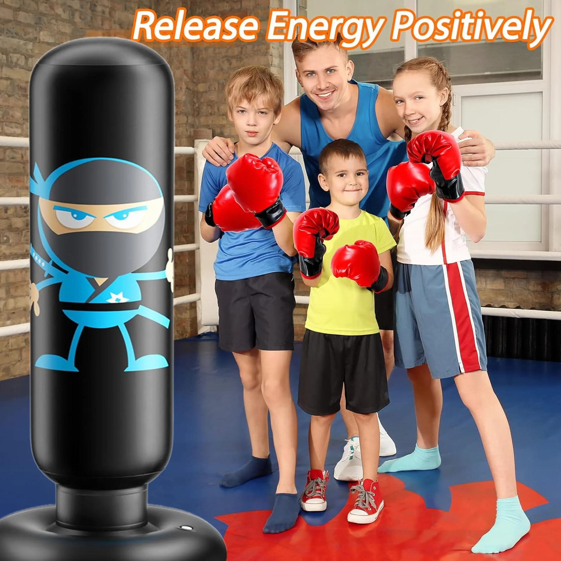 Sac de Boxe Enfant Ninja Design Gonflable Sac de Frappe avec Gants de Boxe 160cm Sac de Frappe avec Support Rebond Instantané pour S'entraîner au Karaté Taekwondo MMA Cadeaux Noel Enfant