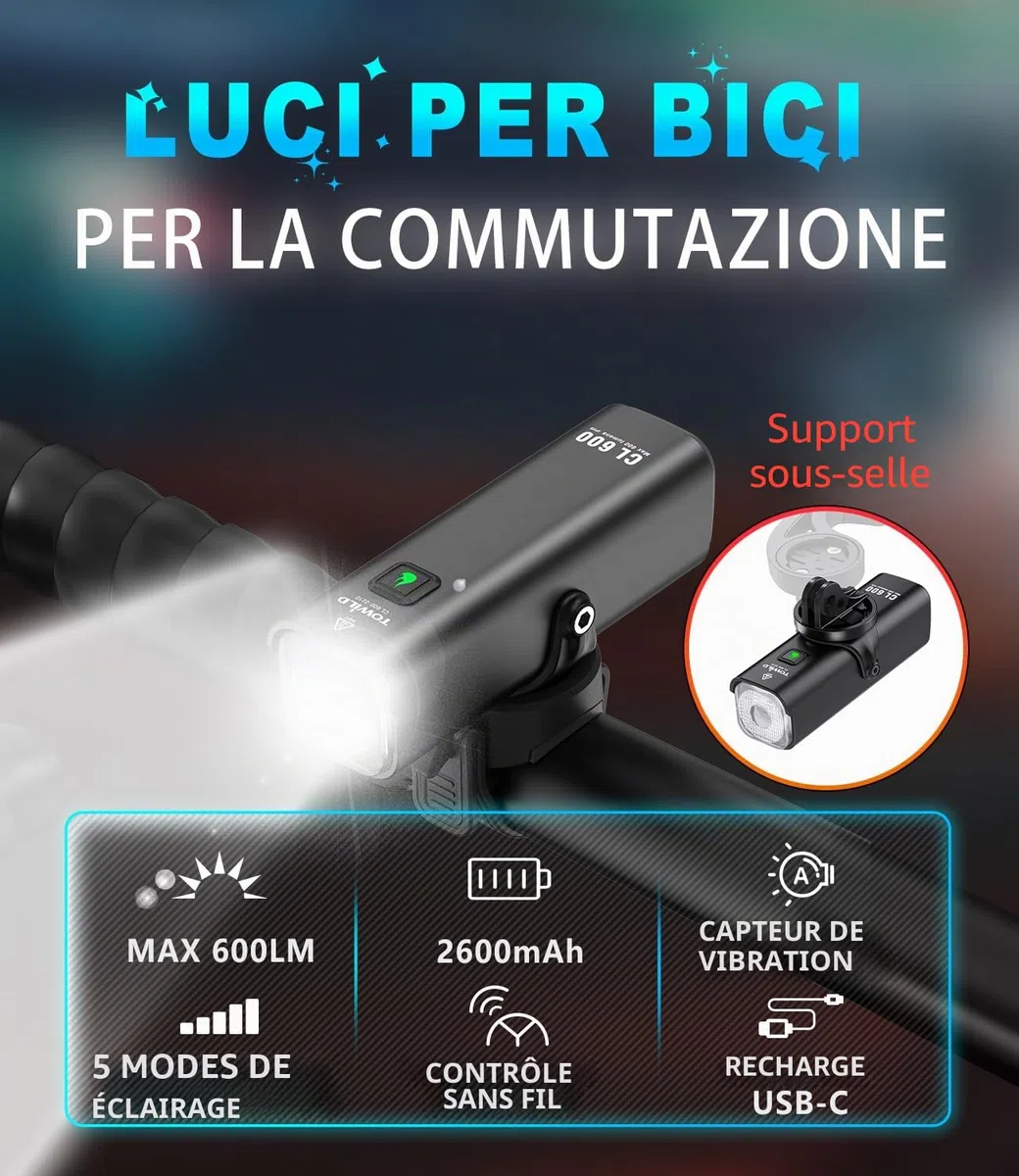 TOWILD 600/1000 lumens Lumières Vélo avec Télécommande sans Fil,CL600/CL1000 Lampe Velo LED pour Le Trajet, la éclairage Avant de Vélo Rechargeable, étanche IPX6 pour la Conduite de Nuit