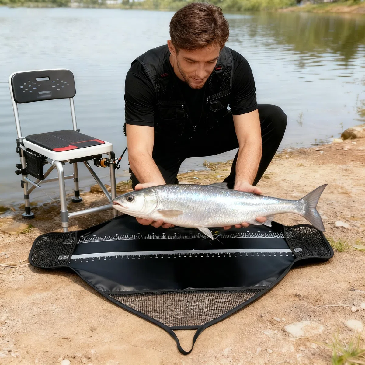 Tapis De Décrochage avec Mètre Ruban, Tapis De Mesure De Pêche, Tapis De Placement De Poisson, Noir avec Graduation, Transport, Mesure, Pesage, pour Poisson Prédateur