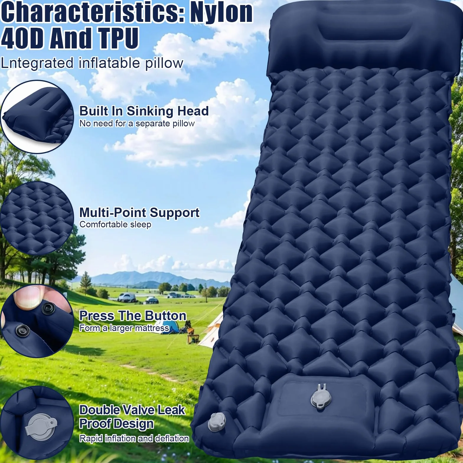 Matelas de Camping Autogonflant,Matelas Camping - Ultraléger de Matelas Gonflable avec Pompe à Pied, Portable Tapis de Matelas Pneumatique pour Plage, Voyage,Le Trekking en Plein Air