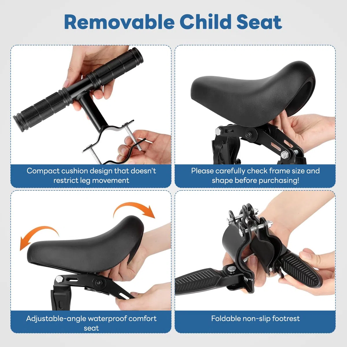 Siege Velo Enfant Avant, Siège Vélo Enfant avec Accoudoirs et Repose-Pieds, Siège Bébé Avant pour VTT, Vélos de Ville et Vélos Pliants
