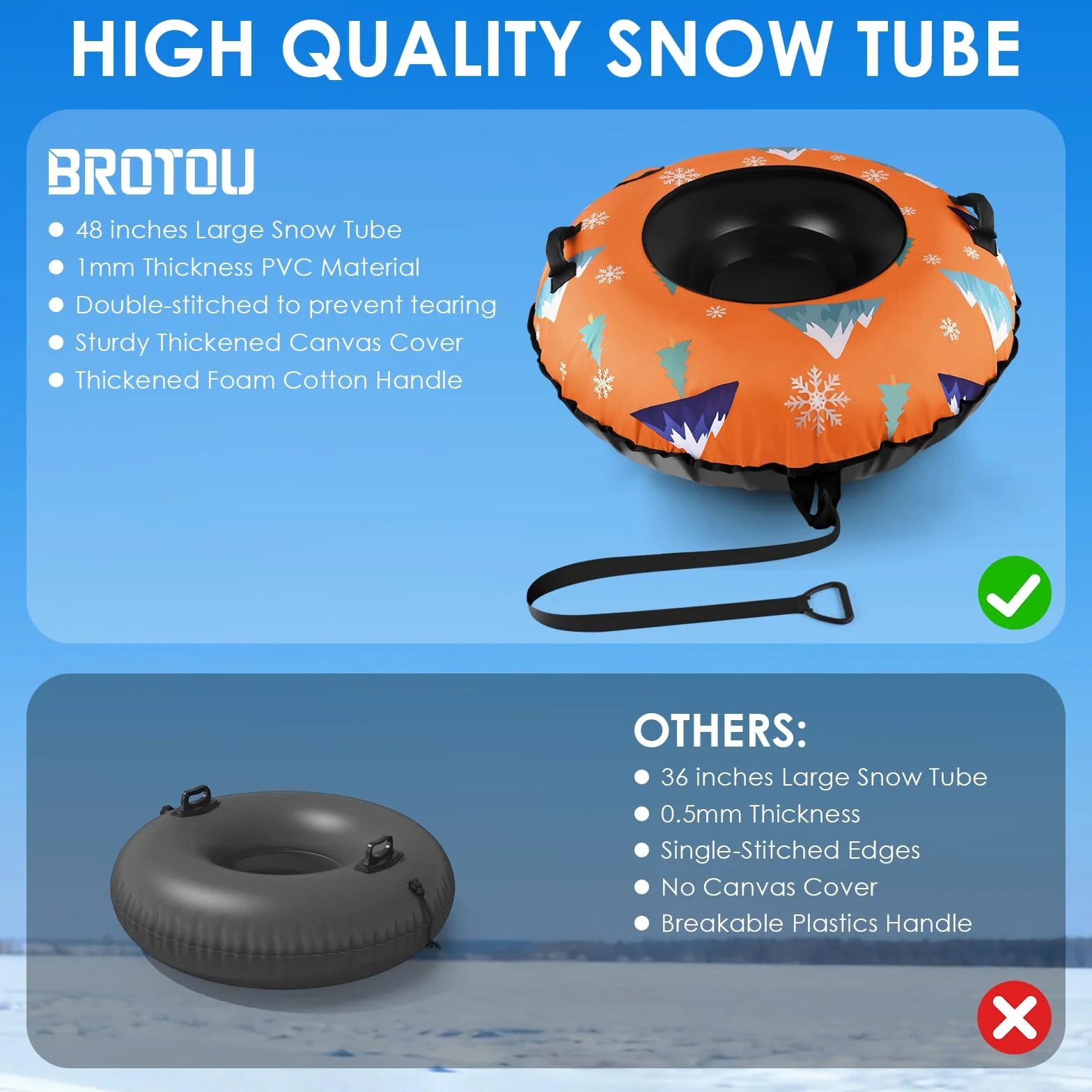 BROTOU Snow Tube, Luge Rodel Pneus Luge Neige Pneus de Luge 122cm/30.5 Pouces avec 2 Patchs de Réparation, Poignées et Housse en Toile Luges Gonflables pour Sports d'Hiver en Plein Air