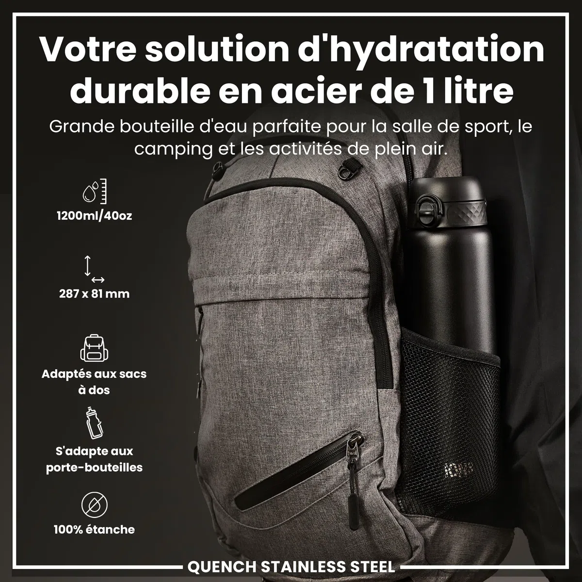 Ion8 Gourde Inox Léger 1 Litre, Non Isolé, Anti-Fuite, Facile à Ouvrir, Verrouillage Sécurisé, Lavable au Lave-Vaisselle, Poignée de Transport, Acier Inoxydable, 1200ml, Noir