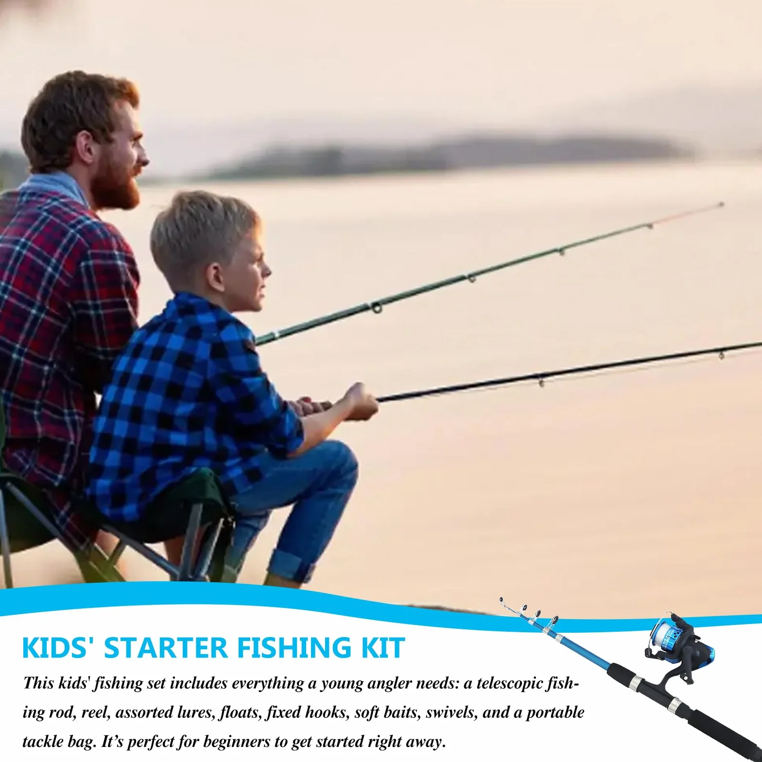 Kit de pêche pour enfants, 1,5 m, kit de démarrage pour enfants, avec moulinet, canne à pêche, kit complet bleu, pour lac, rivière et plage, pour enfants de 3 à 10 ans