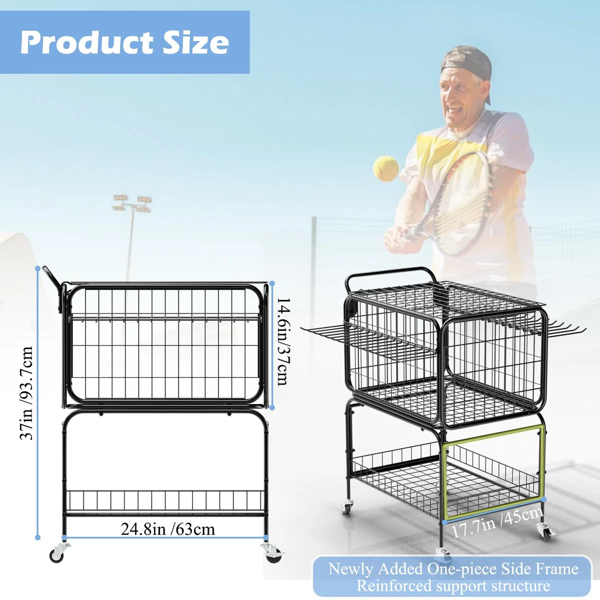 Chariot à balles de tennis, support de raquette de tennis, pour 350 balles, chariot chariot à roulettes, panier à linge, chariot utilitaire extra large pour le rangement d'équipements de sport