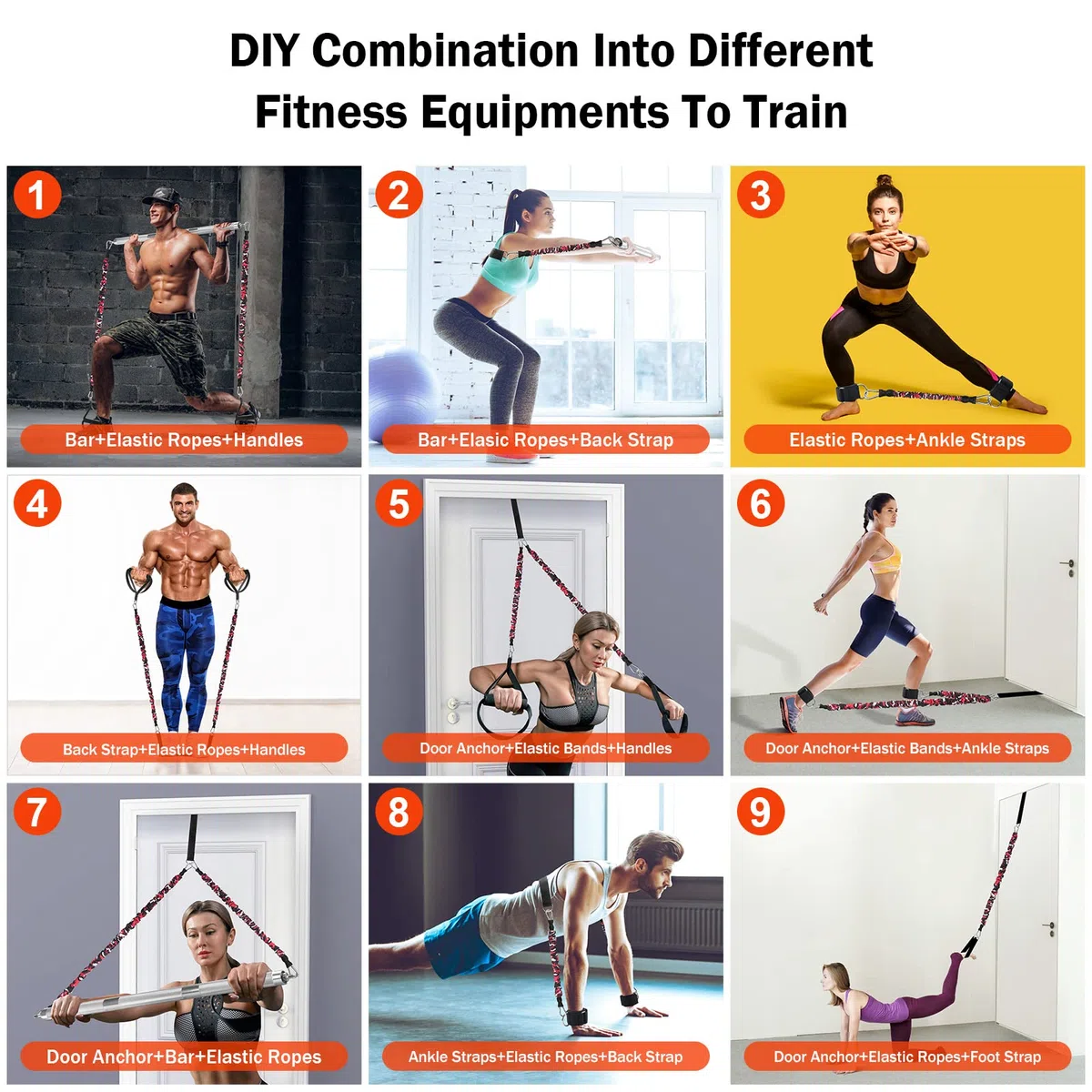 DASKING Appareil de fitness portable pour la maison avec 8 bandes de résistance empilables incassables, ensemble de barres de gymnastique pour la maison - Barre amovible 227 kg 2 en 1 avec rubans, appareil d'entraînement complet du corps.