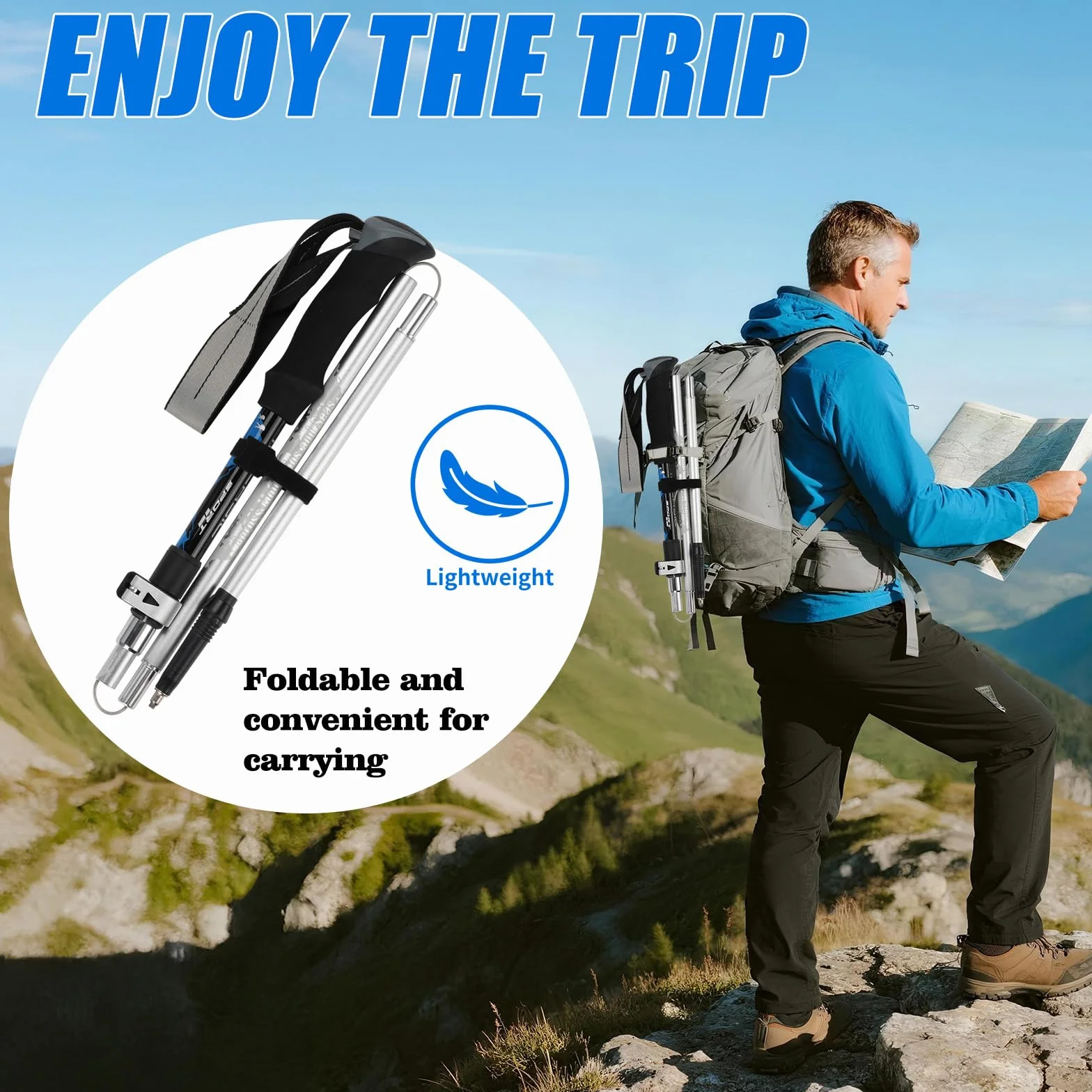 Lot de 2 bâtons de randonnée pour homme et femme - Bâtons de marche nordique - En aluminium - Pliable - Léger - 110-125 cm - Pour l'alpinisme, la randonnée, le ski, le trekking