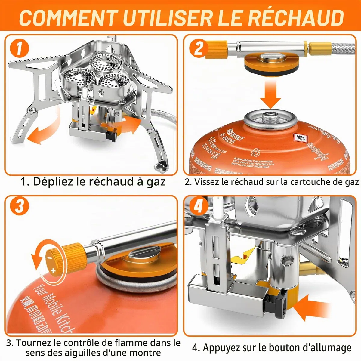 Rechaud Camping Gaz, 5800W Portable Brûleur Camping Pliable avec Bouton d'Allumage, Poids Léger Tête Unique Coupe-vent Puissance de Feu Réglabl, pour Camping/Randonnée/Pique-Nique/Extérieur
