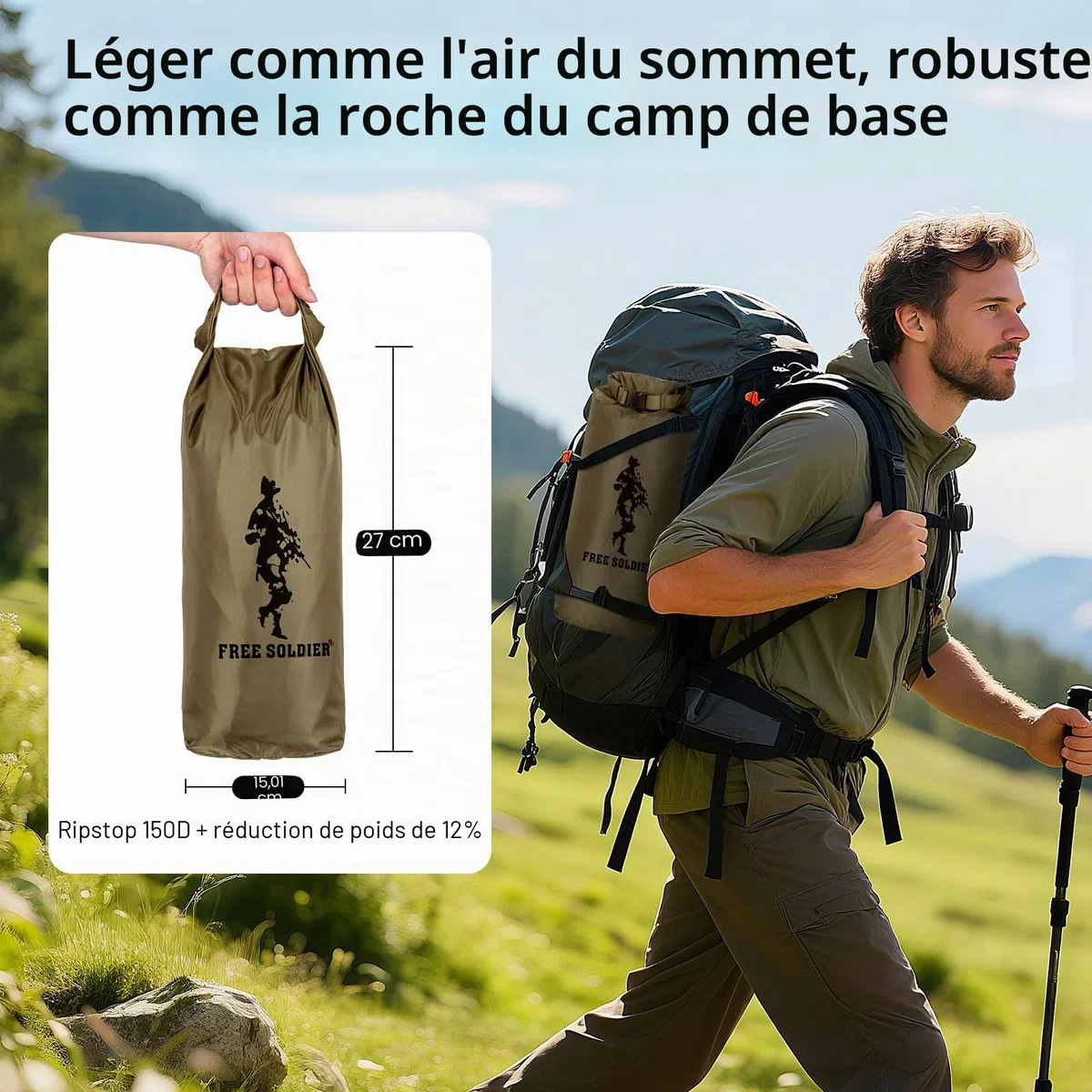 FREE SOLDIER Camping Tarp 3m x 3.2m Housse de Pluie Bâche Portable Léger Etanche Rain Fly Fly Tente Imperméable Au Sol Anti-UV Abri pour Randonnée(Marron，avec Clous)