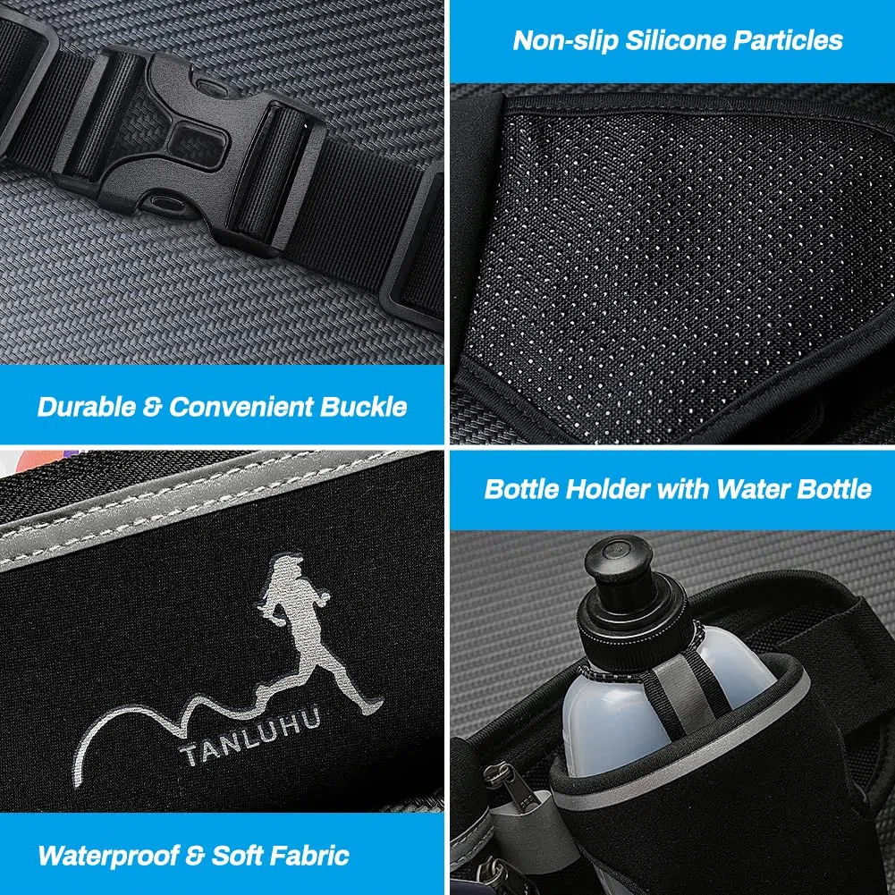 Ceinture de Course Running Belt Sac Banane de Sport Ceinture d'hydratation avec 2 gourdes Sac de Taille réfléchissant pour Smartphones, clés pour Marathon, l'entraînement, la randonnée (Noir)