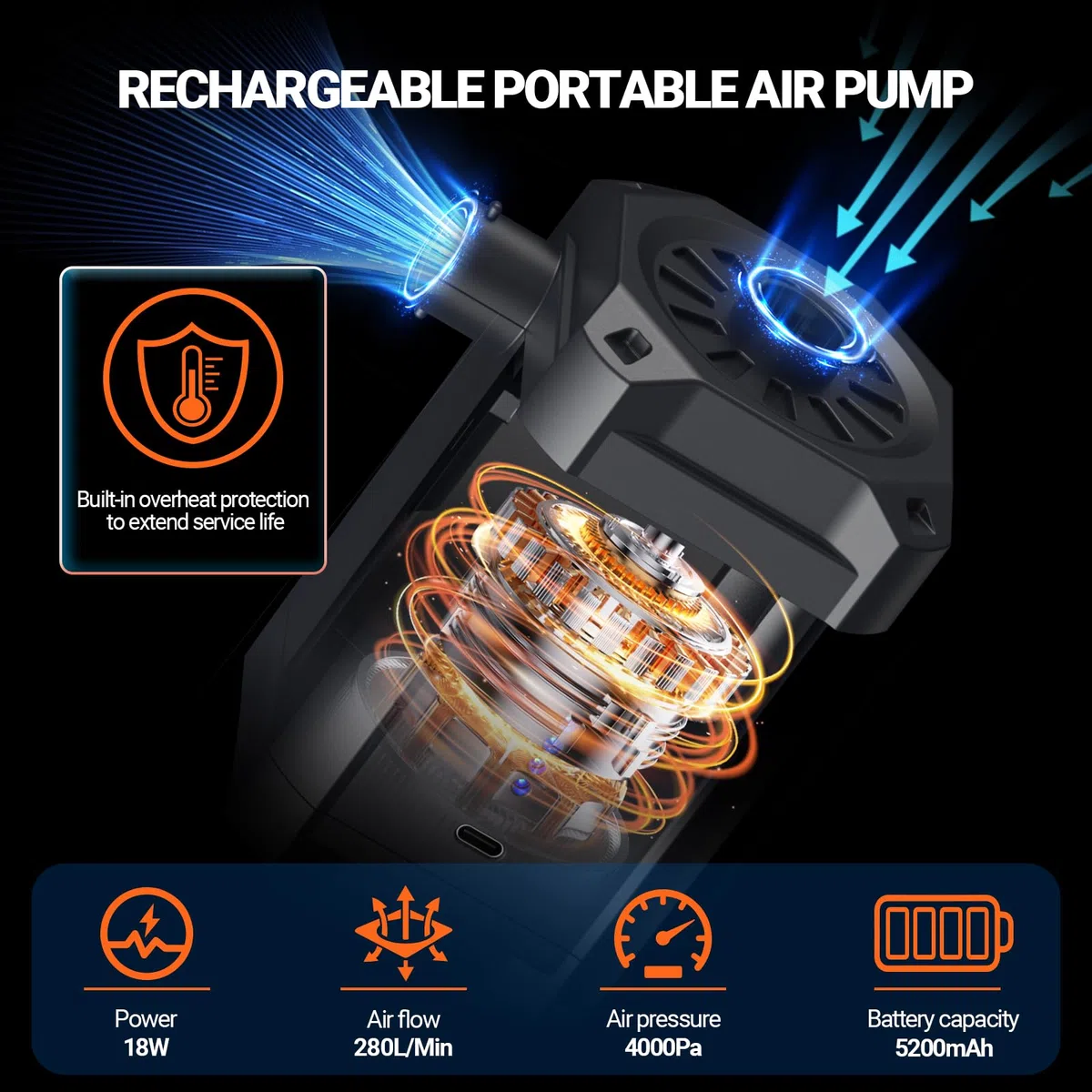 Preciva Pompe à air électrique, 5200 mAh, pompe électrique avec gonflage/dégonflage rapide, pompe électrique portable rechargeable de 280 l/min, avec 4 buses pour piscine, piscine pour enfants, bateau