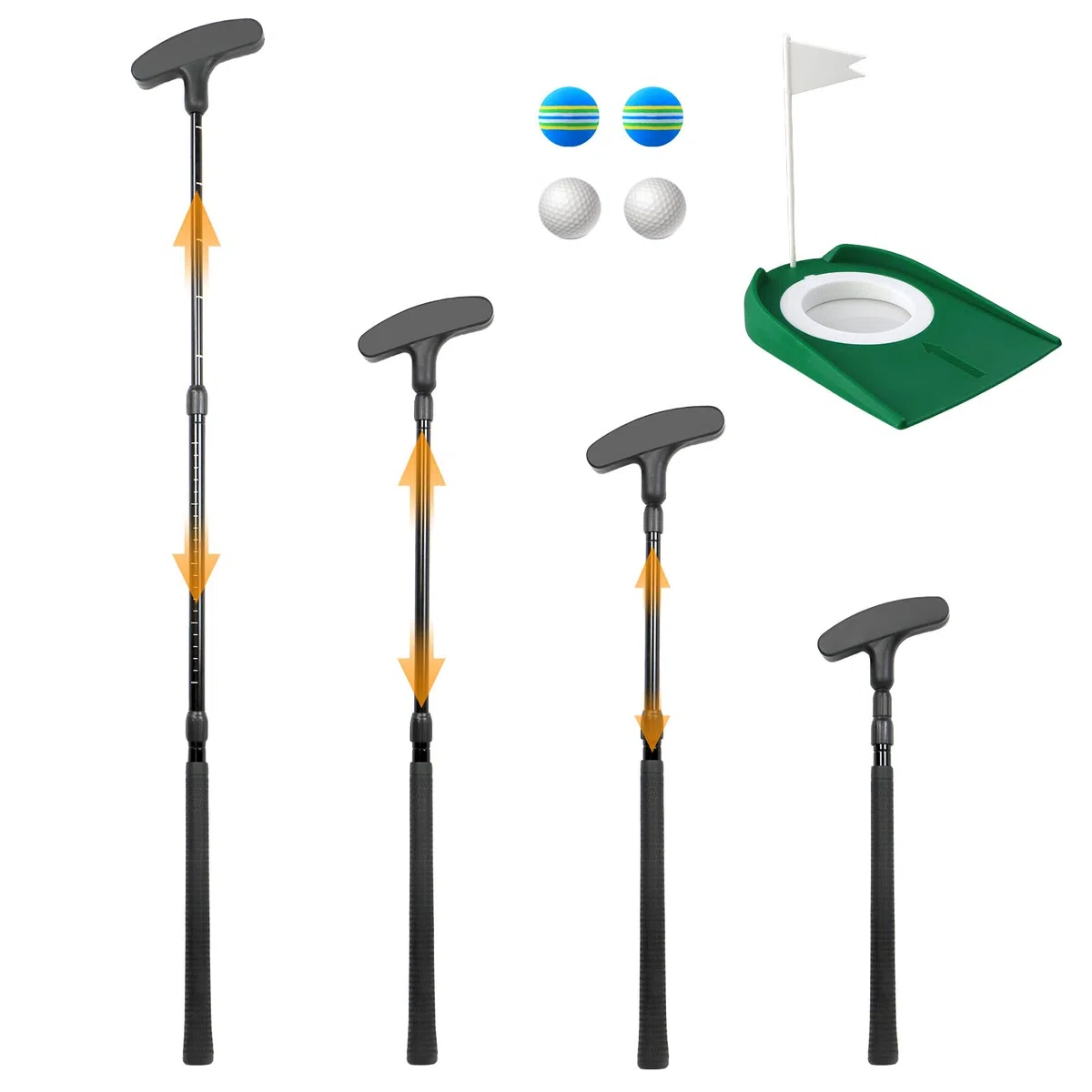 Putter de golf réglable, lot unique, unisexe, peut être utilisé par les gauchers et les droitiers, jeu de putter noir réglable, avec 4 balles et 1 coupe drapeau, convient pour les enfants, les
