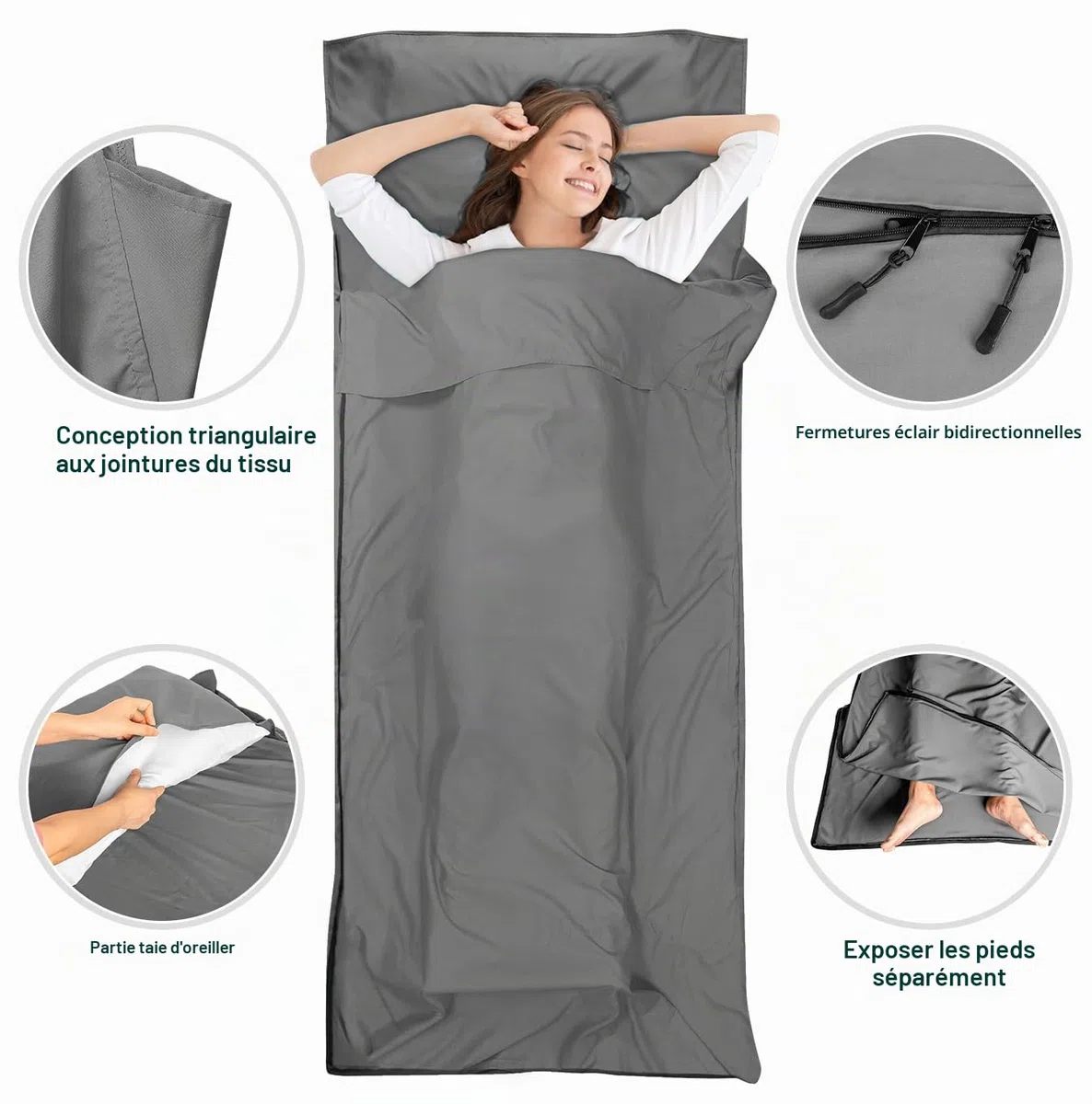 Doublures de sac de couchage en satin, ultra légères et soyeuses avec fermeture éclair bidirectionnelle, 220 x 90 cm, pour voyage, hôtel, voyage d'affaires