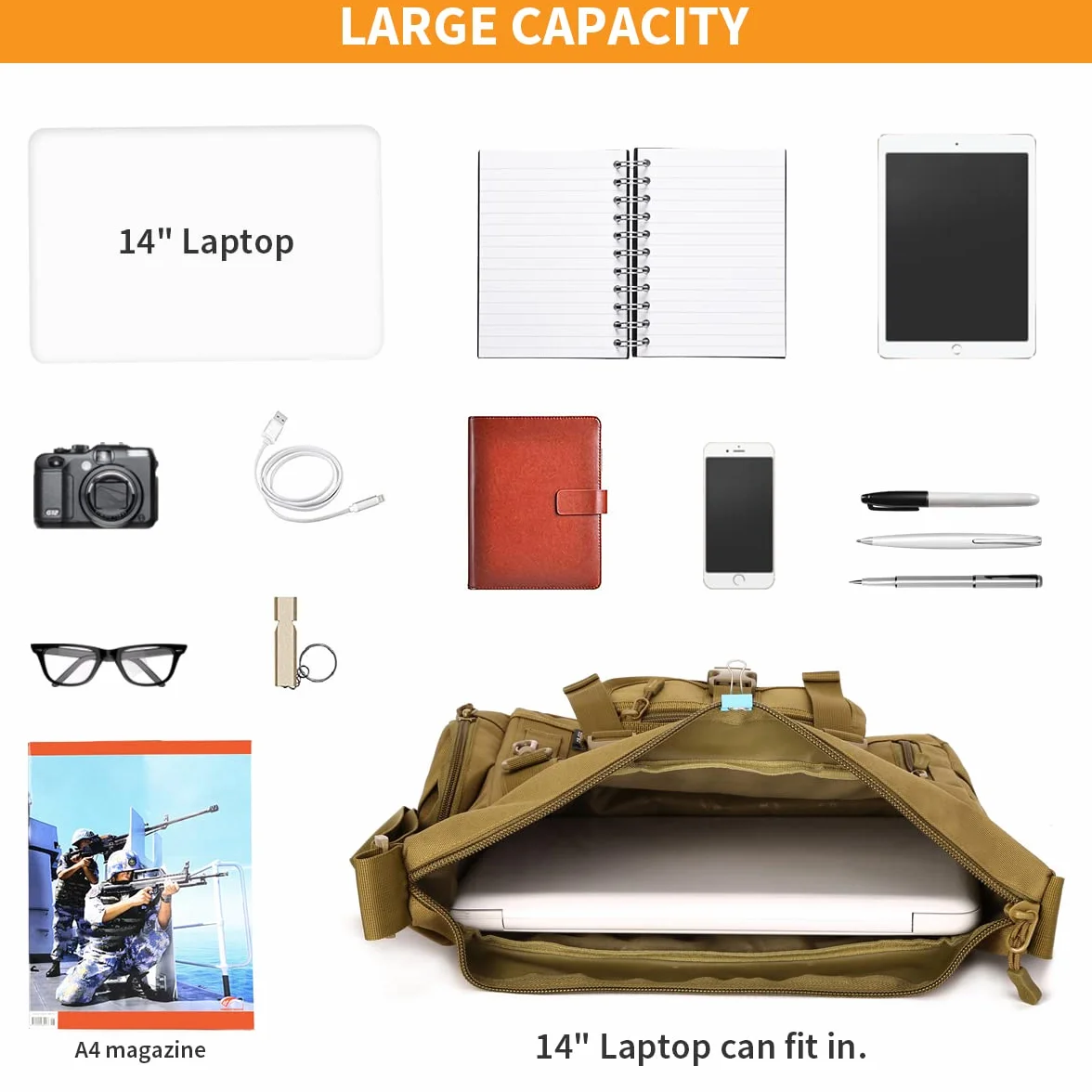 Huntvp Sac Bandoulière Tactique, Sacoche Homme Bandoulière Travail Militaire Sac d’Epaule pour Ordinateur Portable 14, 15.6 Pouces Travail, Randonnée, Camping, Voyage, Escalade, Trekking