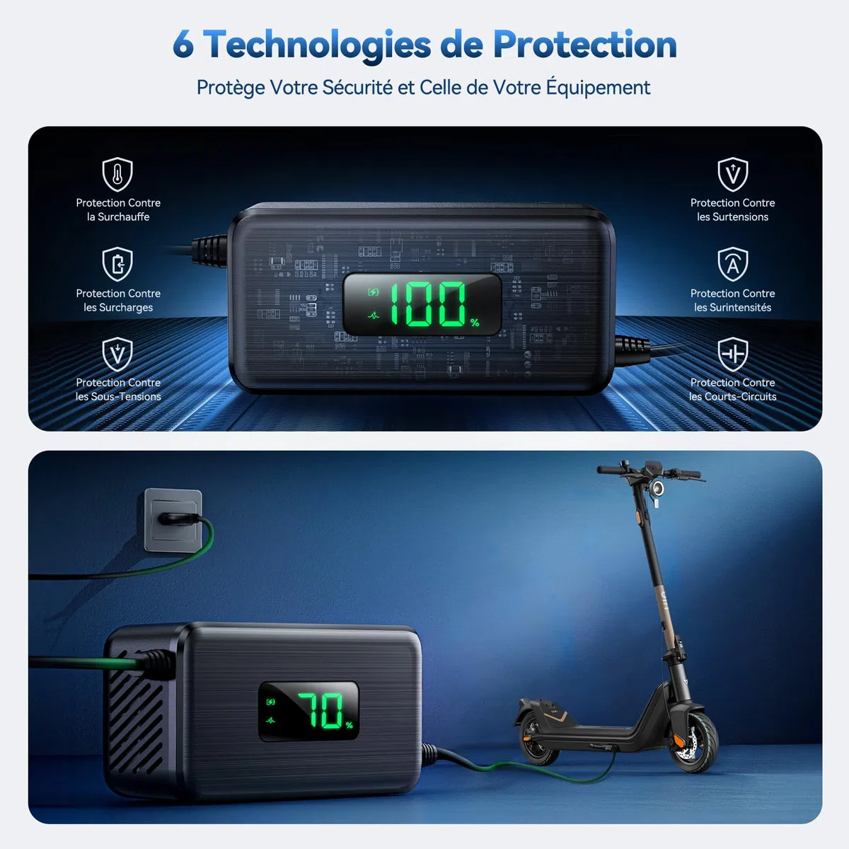 42V 2A Chargeur Trotinette Electrique avec Écran LED de Charge(%), Chargeur Hoverboard avec 4 Connecteurs, Chargeur Universel pour Toutes Les Batteries Lithium de 36V, avec Ninebot, Xiaomi
