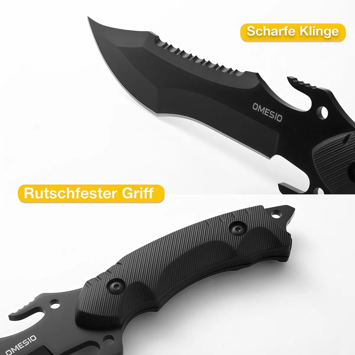 Omesio Couteau de Survie Lame Fixe Bushcraft - Full-Tang Noir, Forgé à la Main, Tranchant et Durable, Idéal pour Randonnée et Activités Outdoor
