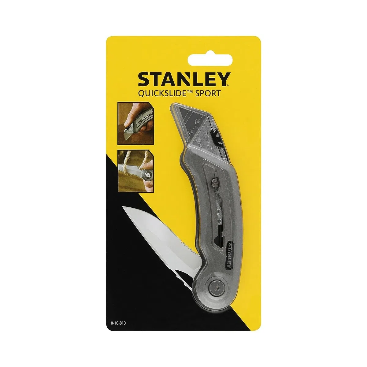 Stanley 0-10-813 Couteau Sport Quickslide Lame en Acier Inoxydable - Cran d'Arrêt avec Bouton Poussoir - Corps Métallique Compact et Ergonomique - Fournit avec 2 Lames Argent