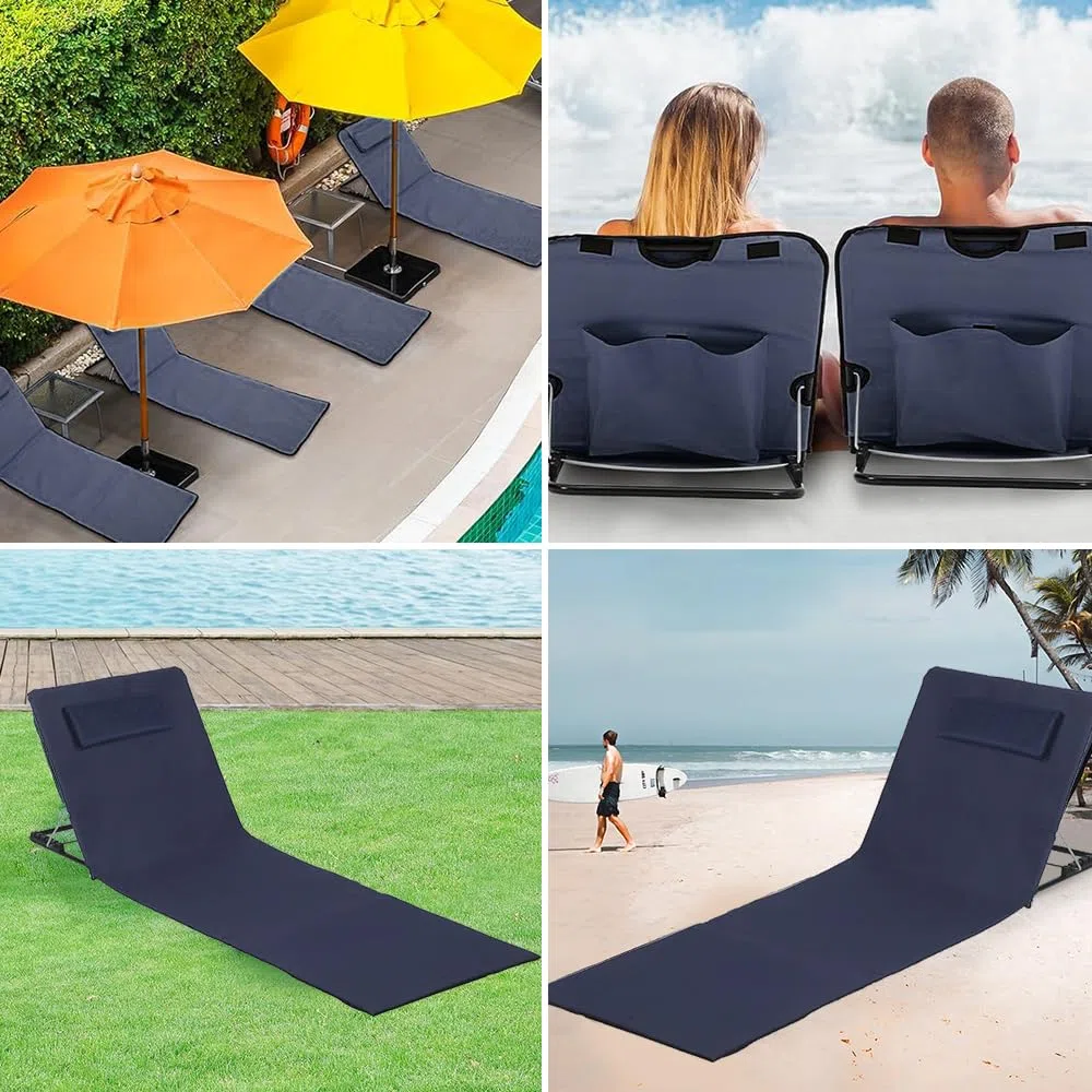 Matelas de Plage Pliable avec Dossier Réglable, Natte de Plage avec Dossier avec Sac de Transport, Tapis de Plage avec Dossier Inclinable, Tapis Plage avec Dossier, pour Plage, Jardin, Camping