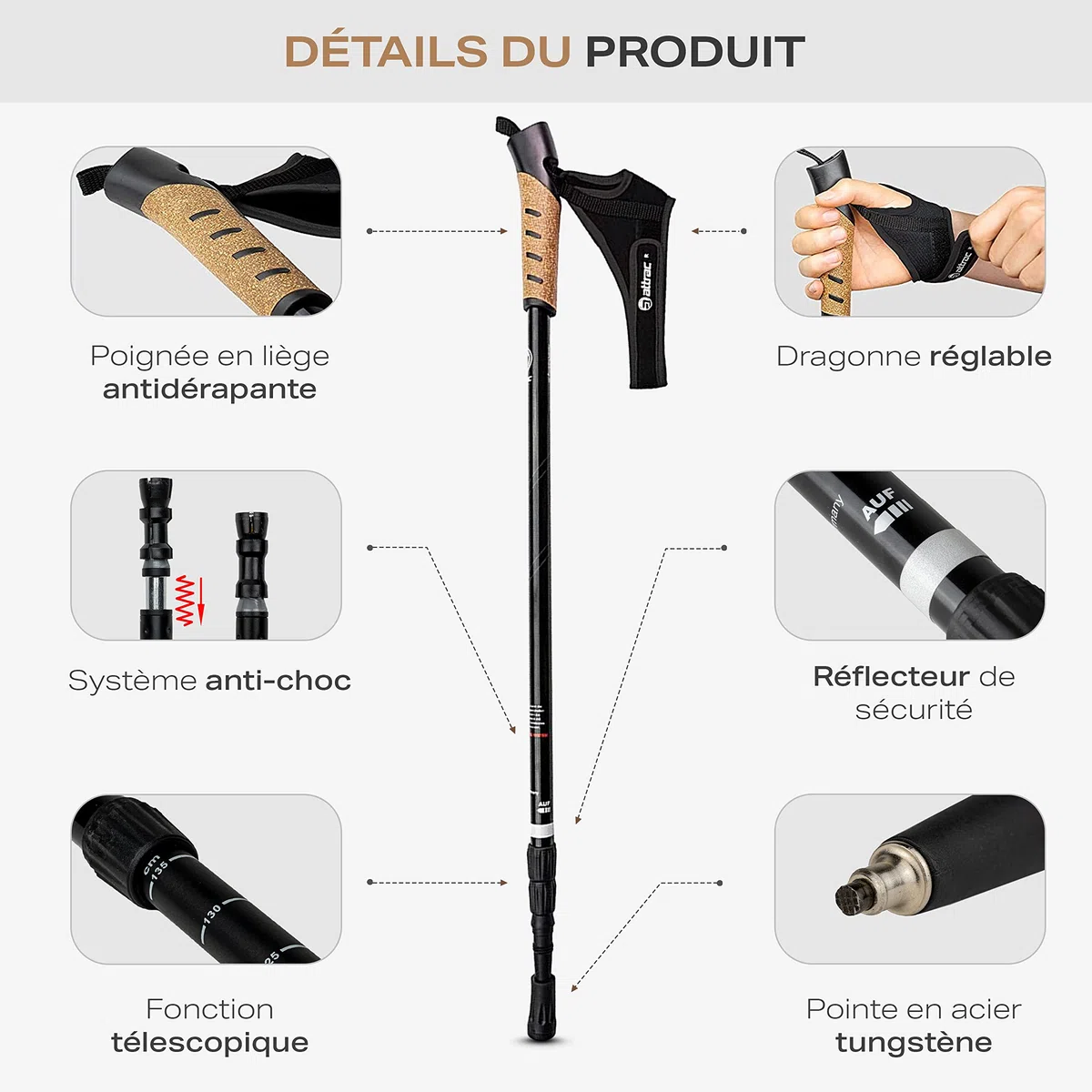 ATTRAC Bâtons de Marche Nordique Classique avec système télescopique, Anti-Choc et Amortisseur - Longueur réglable de 69 à 136 cm - Poignée en liège