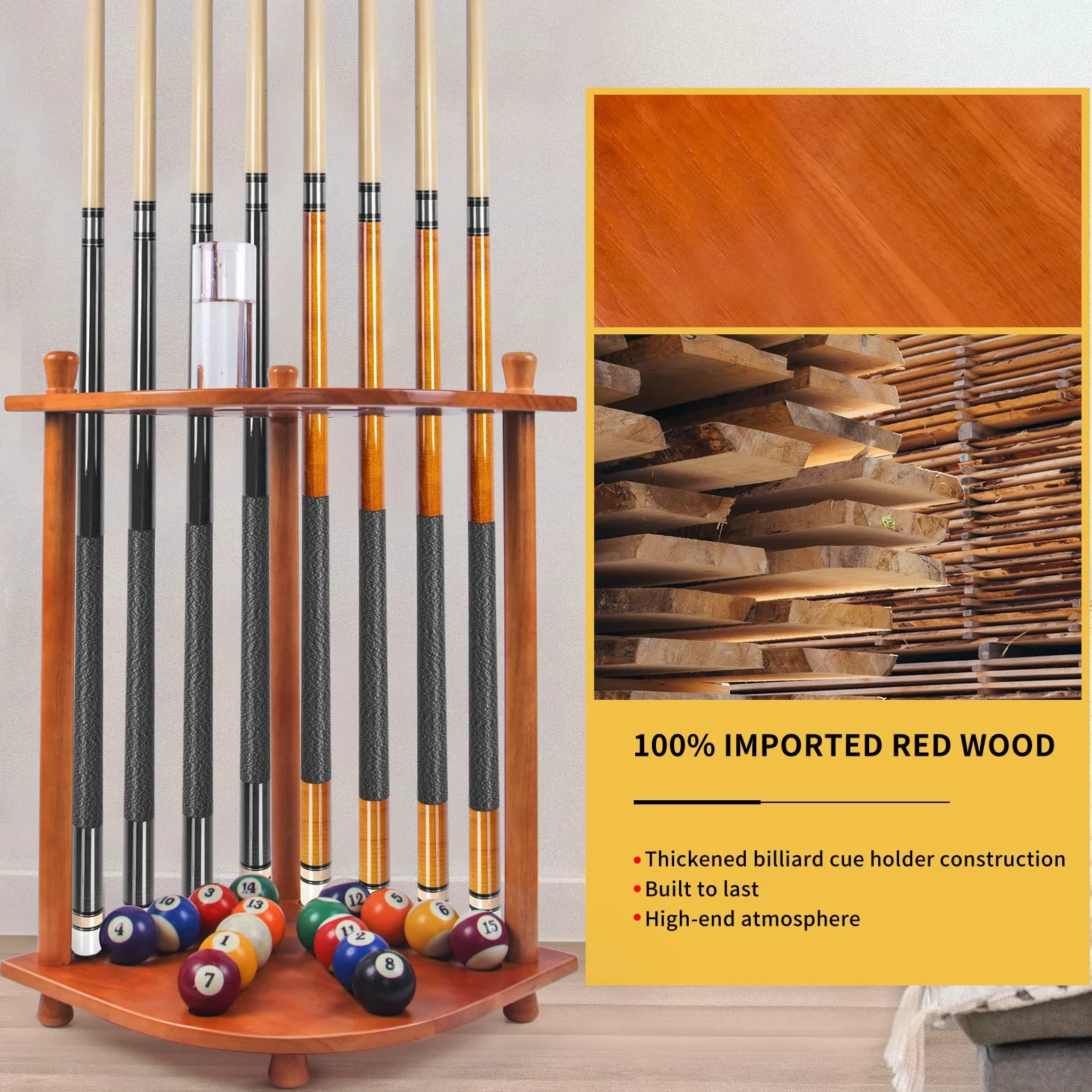 AKLOT Support Mural de Queue de Billard pour 16 Boules et 8 Bâtons - Lot Complet