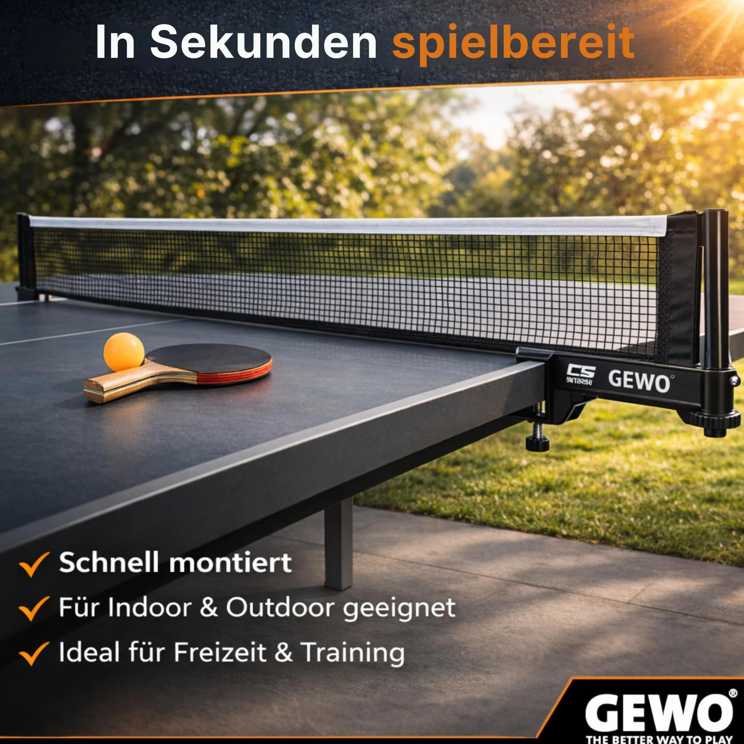GEWO CS Outdoor Filet de ping-Pong - Filet de Tennis de Table résistant aux intempéries pour l'extérieur - Supports de Filet Robustes et vis de réglage de la Hauteur Pratique - Montage Facile - Fil