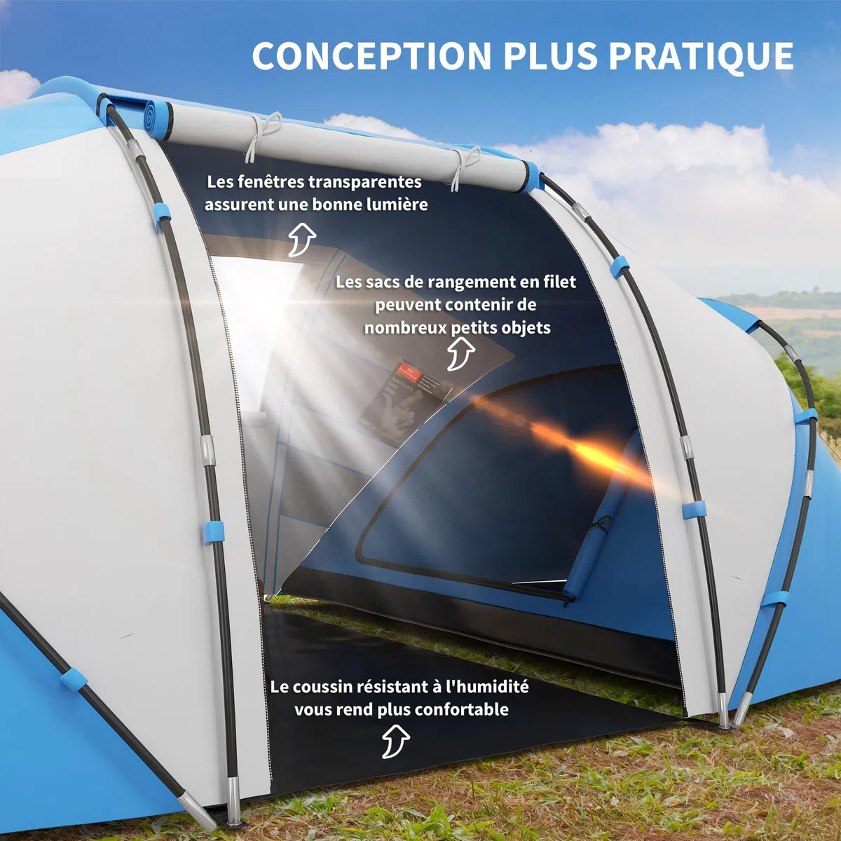 Outsunny Tente de Camping familiale 4 Personnes Tente dôme étanche légère, ventilée 2 cabines fenêtre Grande Porte Facile à Monter 4,3L x 2,4l x 1,7H m
