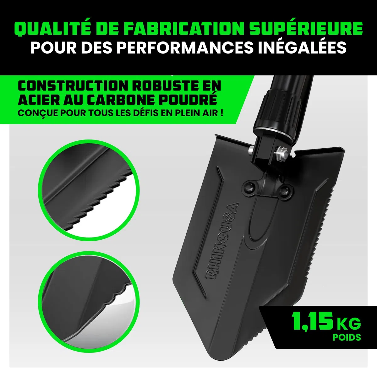 Rhino USA Pelle Pliante avec Pointe Outil pour Creuser en Acier Carbone de Style Militaire pour Le Tout Terrain Pelle Jardinage Accessoire Camping Accessoire Détecteur Métaux