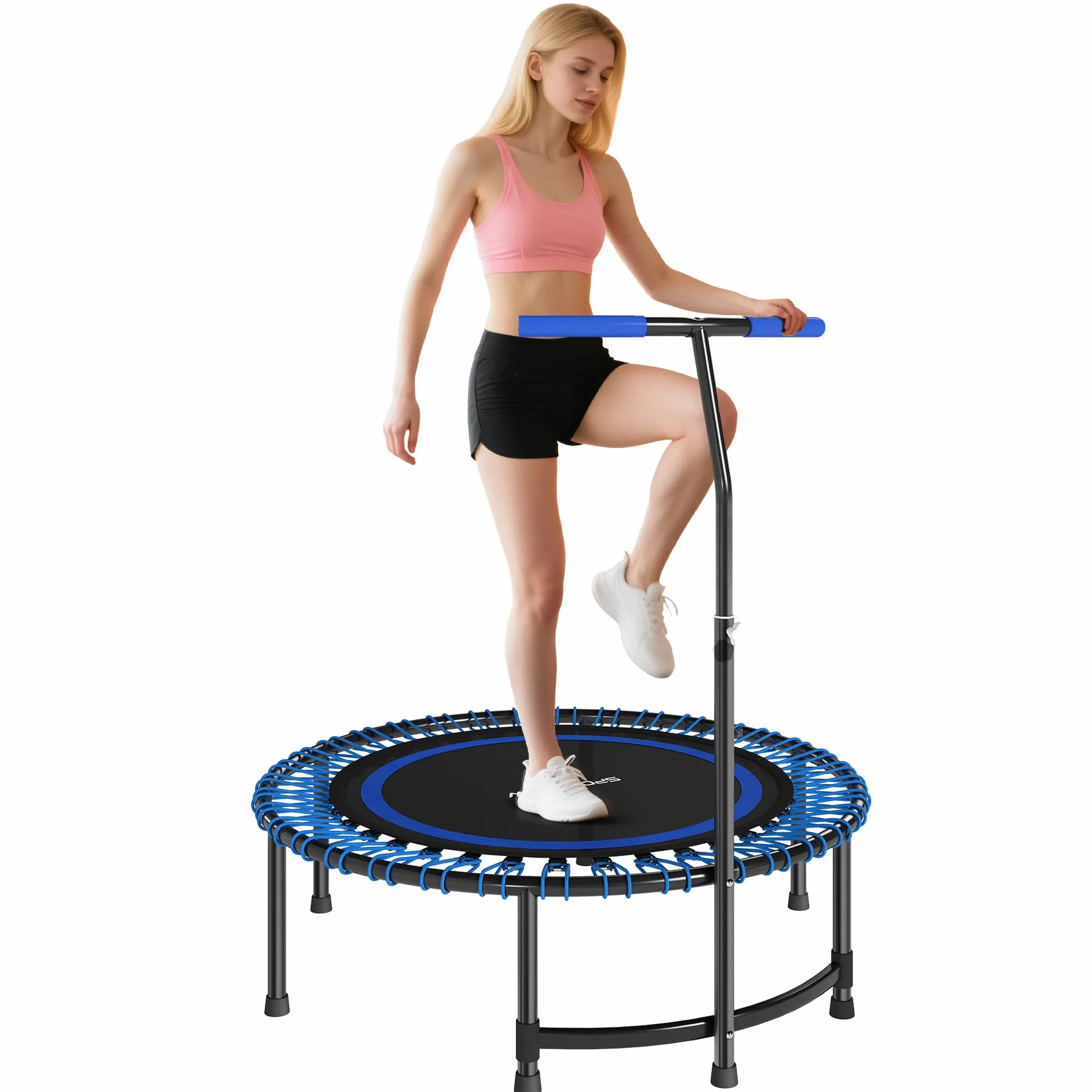 SPORTNOW Trampoline de Fitness 114 cm avec Cordes élastiques, poignée réglable sur 5 Positions, Trampoline Adulte Charge 200 kg Stable et Silencieux pour entraînement intérieur, Bleu