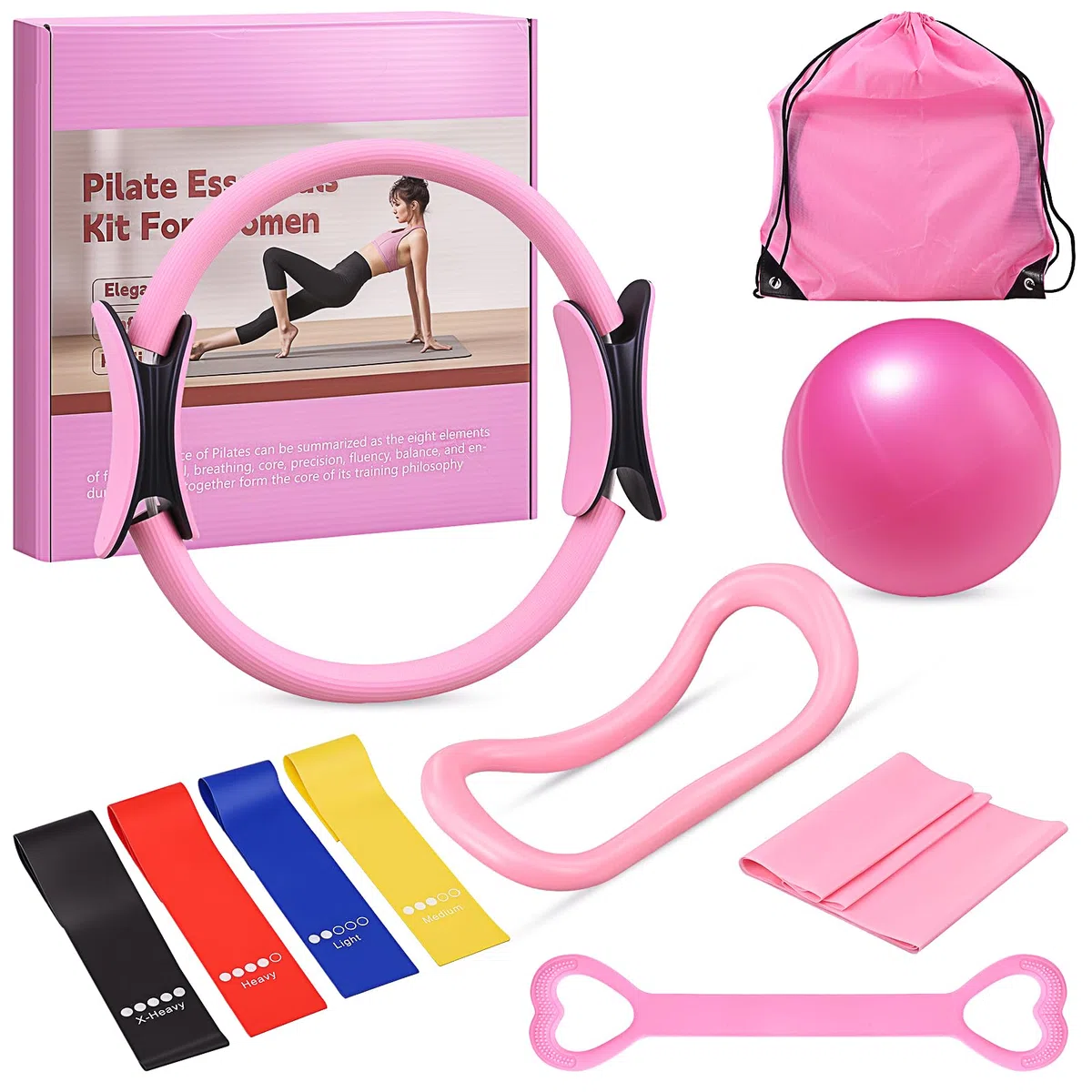 Lot de 10 Accessoires de Pilates,de Balle de Pilates pour la Maison,Pilates Essential Kit für Frauen mit Yoga Ball,Yoga Ring,Tragbaren Tasche,Spannungsring,Fitnessband,für Home Gym,Outdoor Fitness