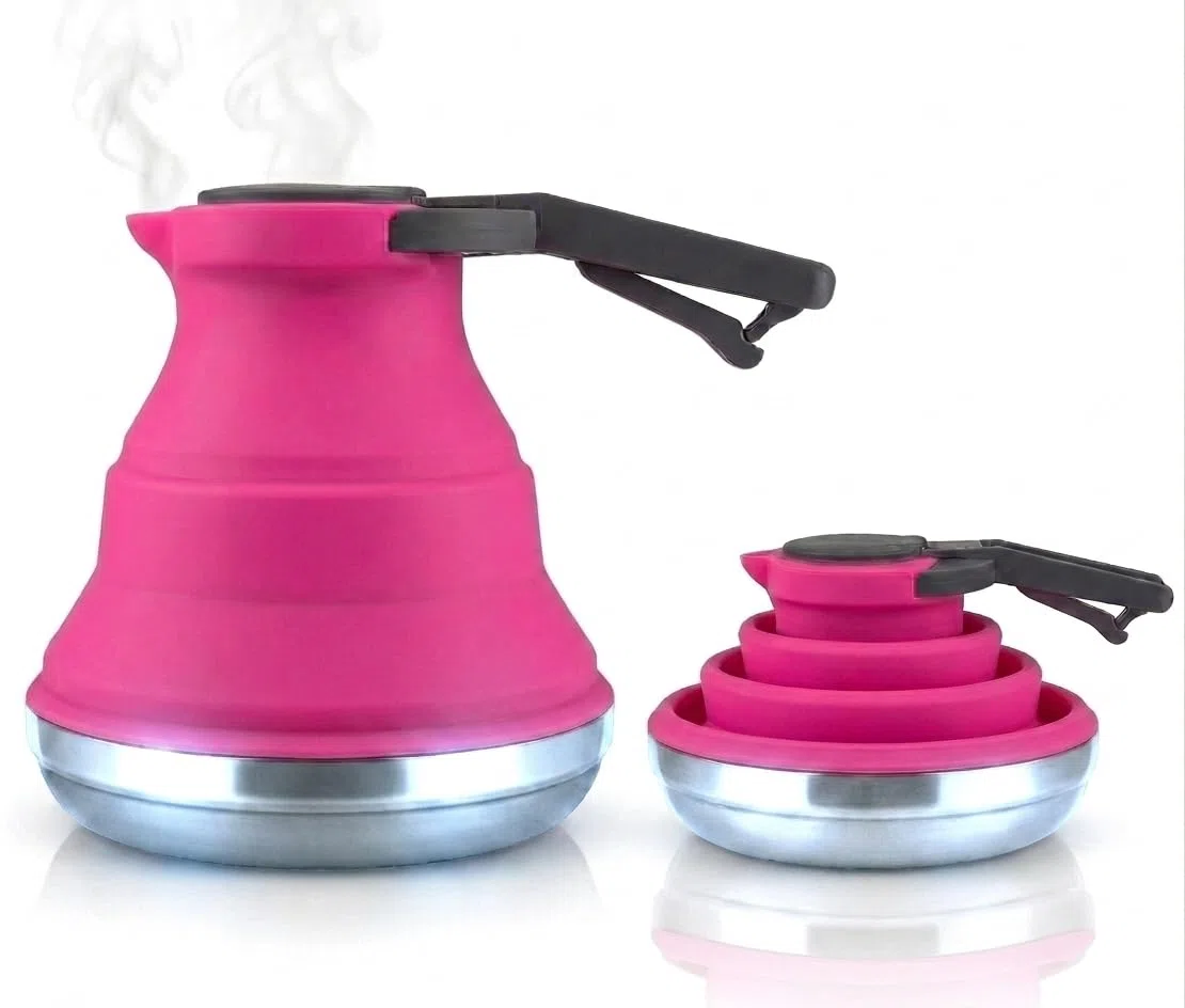 Heather Bouilloire de camping pliable en silicone de 1,5 l – Bouilloire pliable pour l'eau bouillante – Petite bouilloire portable en silicone pour cuisinière à gaz, pot de camping, caravane (rose)
