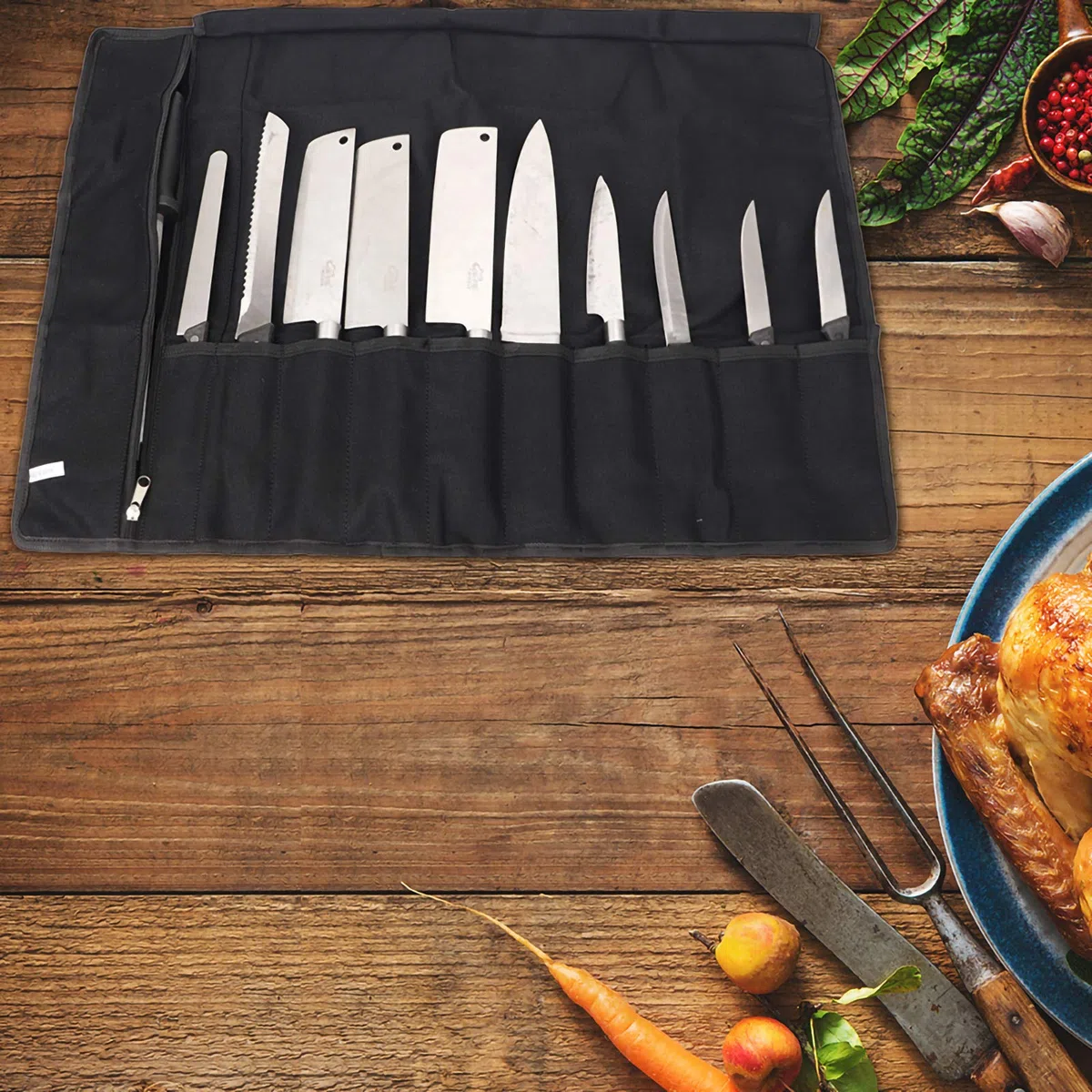 Trousse De Couteaux Chef Professionnel Sac à Couteaux en Toile Cirée Sacoche Couteaux 11 Emplacements Noir