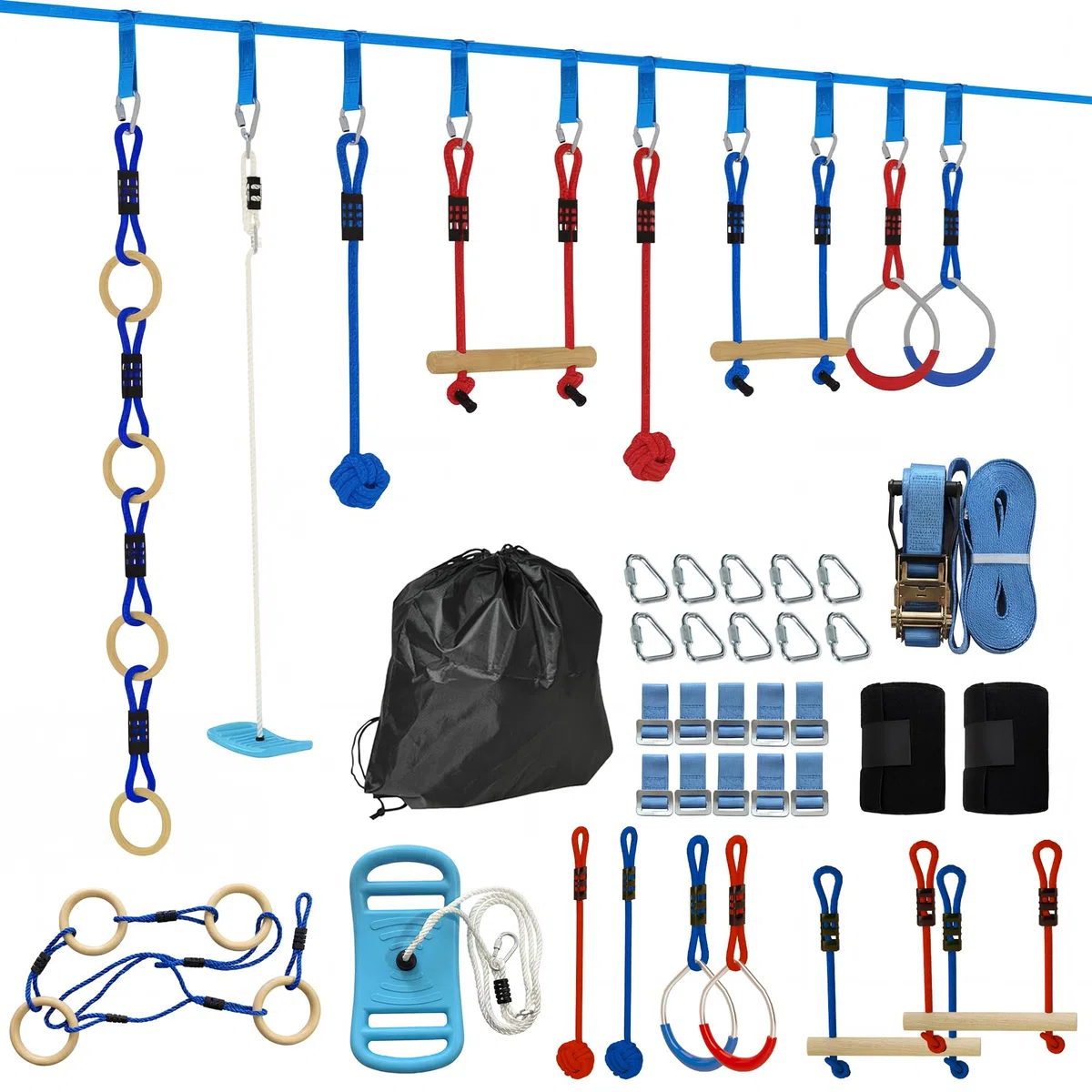 AIYAPLAY Parcours d'obstacles Ninja pour Enfants 10 m Charge 100 kg Slackline et Sac de Transport, équipement de Jeu extérieur pour Filles et garçons, Installation Facile, Multicolore