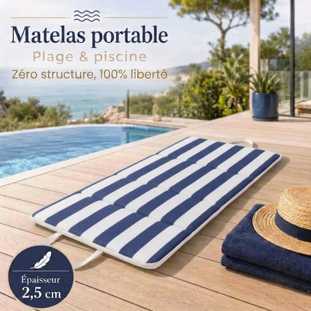 GRENADINE BOUTIQUE Matelas de Plage Pliable Sandy Rayures Bleu et Blanc 155x55 cm – Matelas Confortable Épaisseur 2,5 cm – Plage, Jardin, Camping