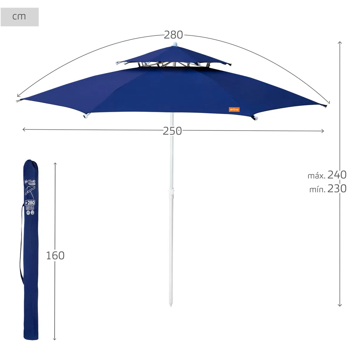 AKTIVE Parasol de plage coupe-vent, 280 cm, Bleu marine, Tissu polyester, Protection UV30, Poteau métallique réglable, Capote ventilée, 8 baleines en fibre de verre