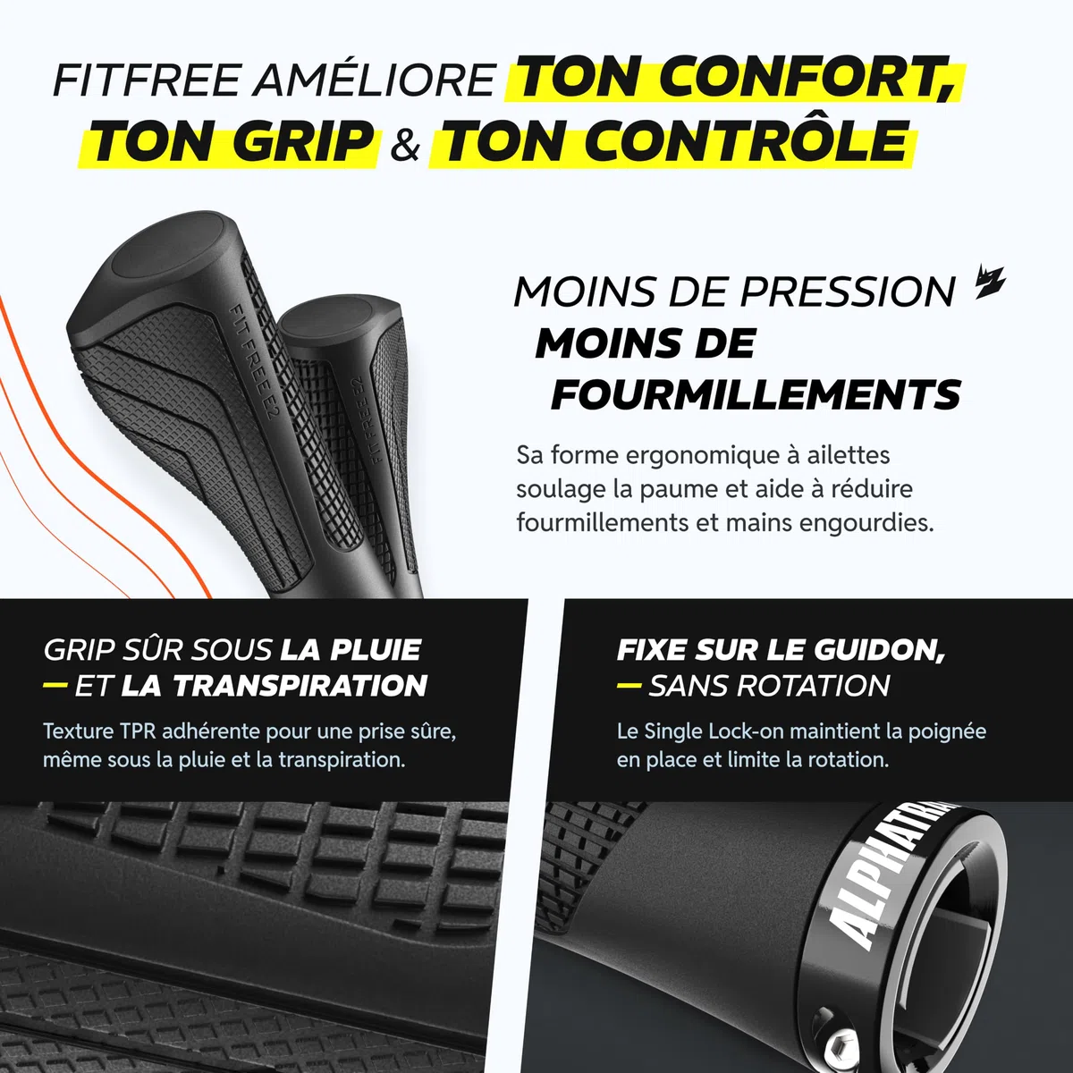 Alphatrail FitFree poignee Velo Ergonomique avec Toucher Naturel, poignée VTT Ergonomique Lock-on 22,2 mm, 1 Paire, poignée Ergonomique Velo pour randonnée, Trekking & vélo électrique