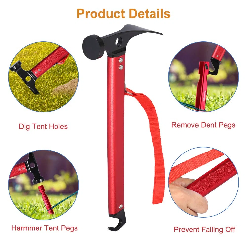 Camping Marteau, Marteau de Tente Marteau Maillet pour Piquets de Tente Peg Hammer Portable pour Camping, Bivouac Sports de Plein Air(Rouge)