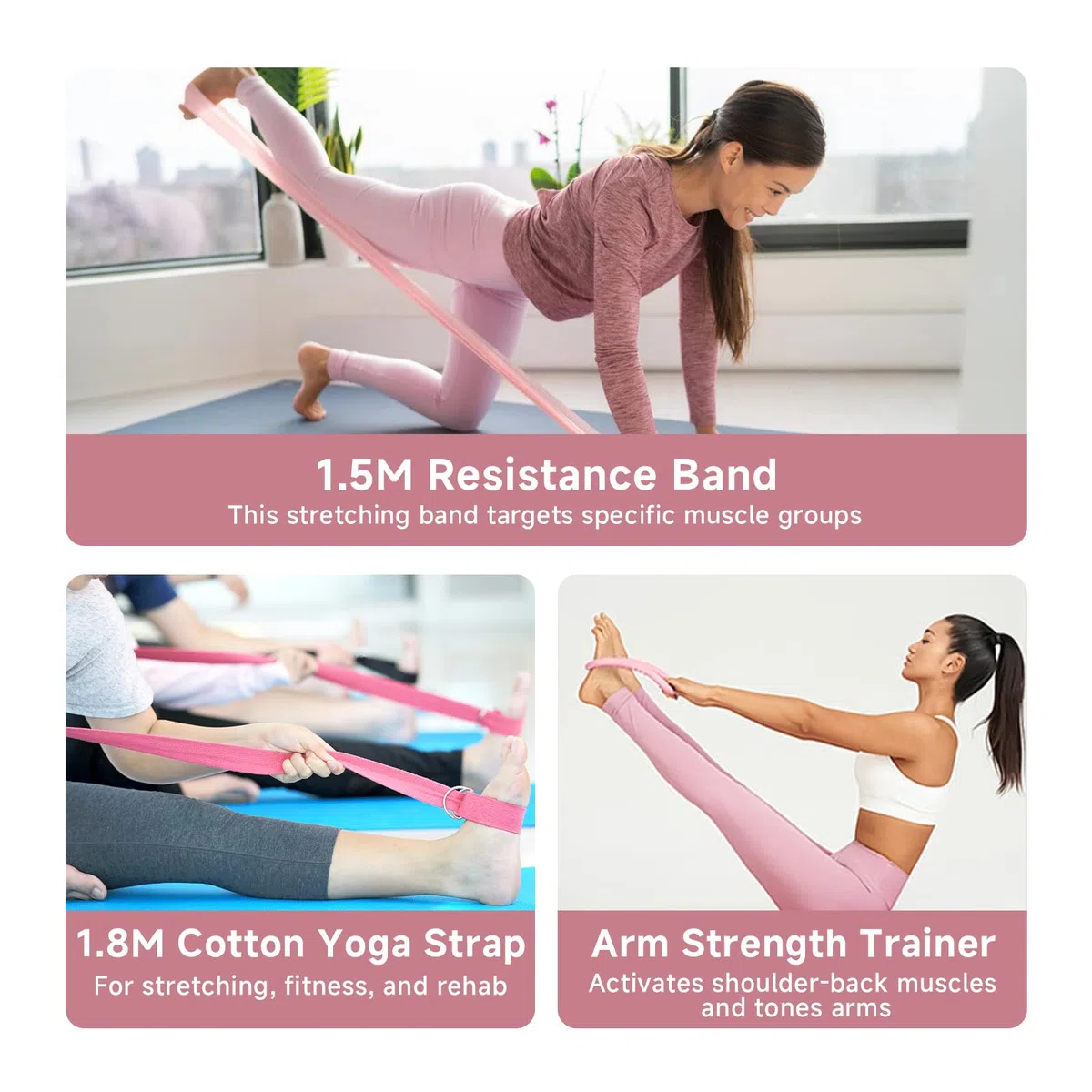 Cercle Pilates 38 cm, Kit Pilates Maison, Accessoires Anneau Yoga, Bande 1.5m, Ballon 25cm Bande d'Etirement, pour Force, Flexibilité, Stabilité, Débutants à Experts