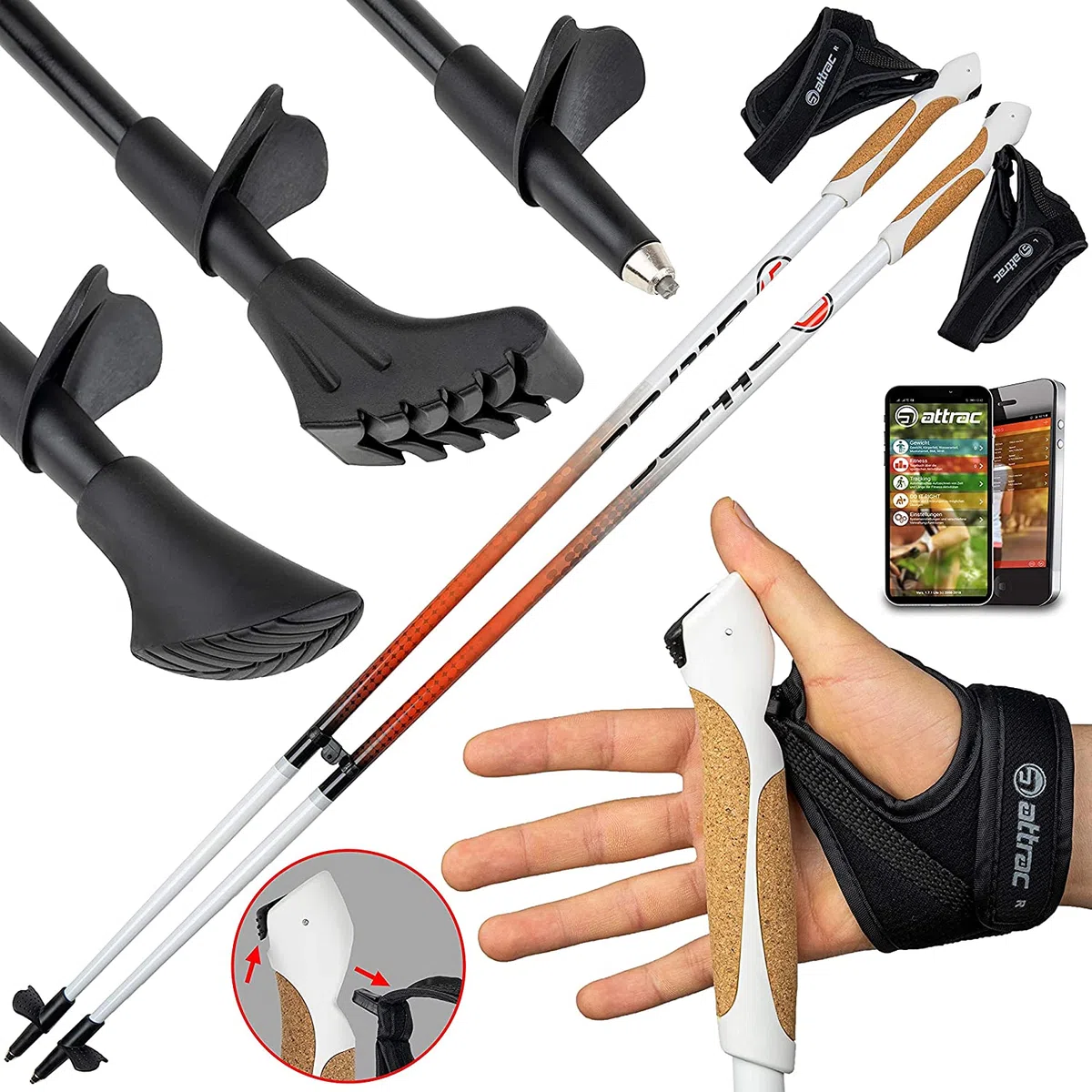 ATTRAC Bâtons de marche nordique en aluminium avec entraînement et sangles de poignet I Bâtons de marche avec système Click & Go I Gratuit – Application de marche nordique / fitness