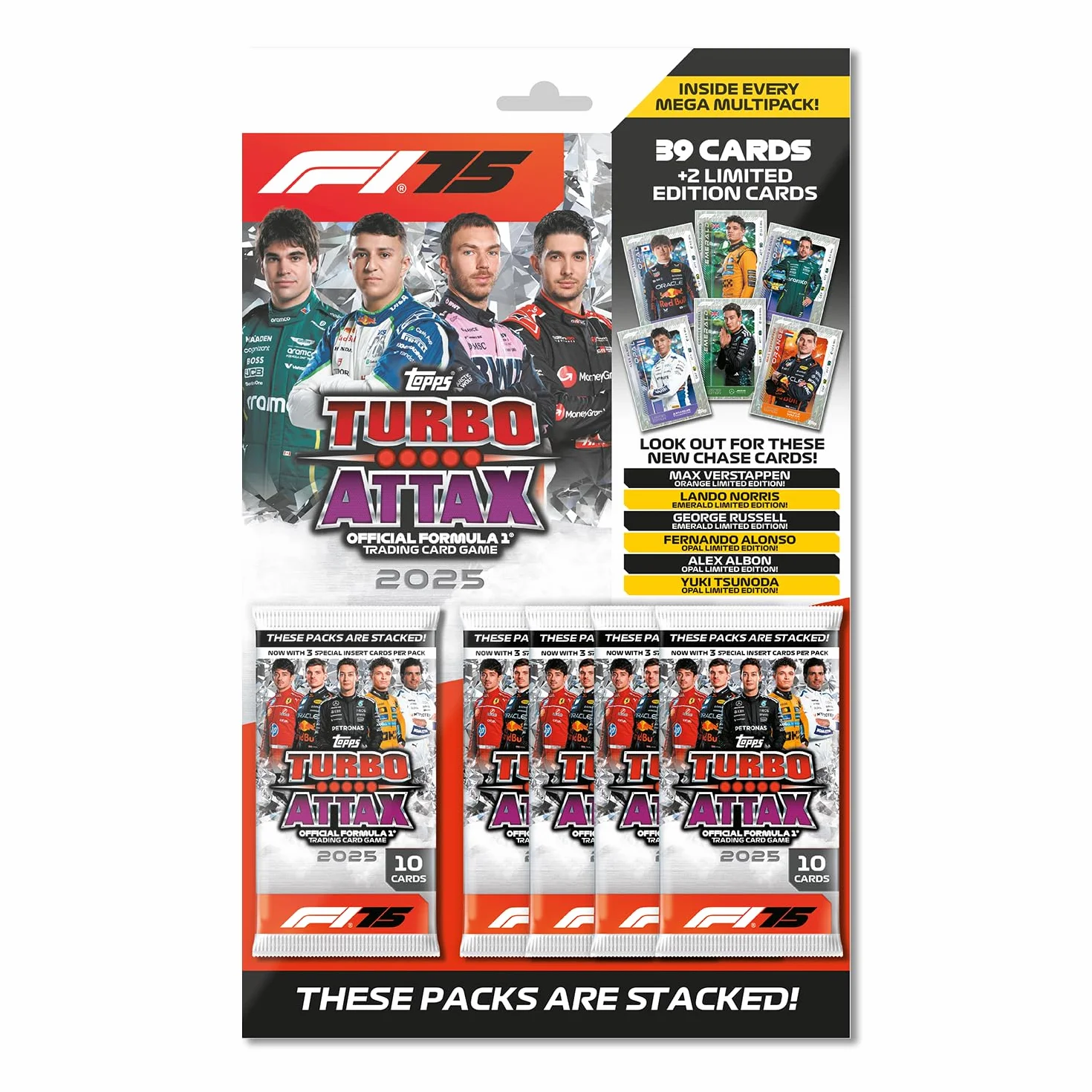 Topps Turbo Attax Formula 1 2025 – Mega Multipack – Contient 39 cartes Turbo Attax plus 2 cartes aléatoires en édition limitée.