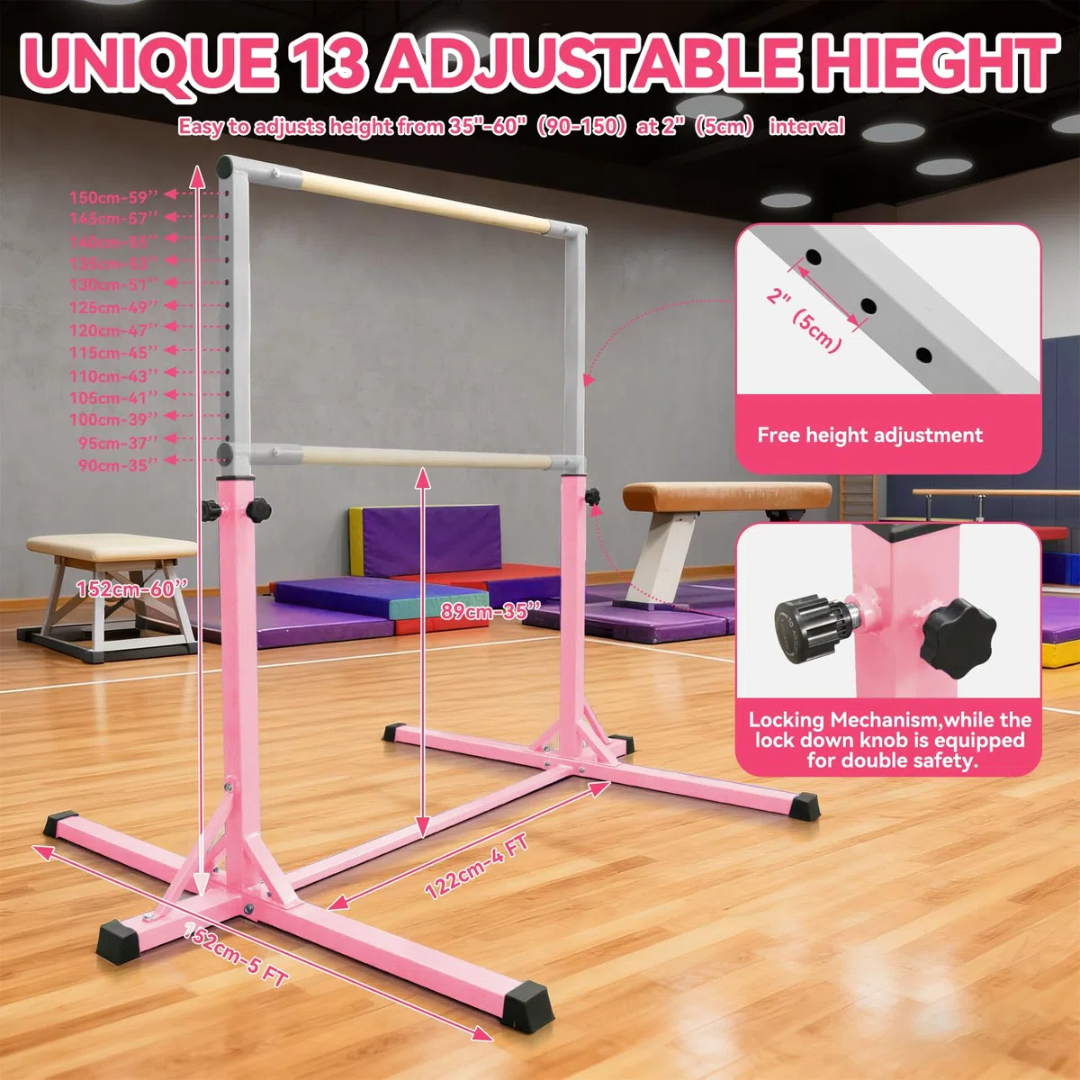 FBSPORT Barre de Gymnastique Enfant Rythmique avec Anneaux de Gymnastique, 13 équipement d'entraînement de Gymnase Gymnastique Bar réglable en Hauteur pour l'intérieur et l'extérieur