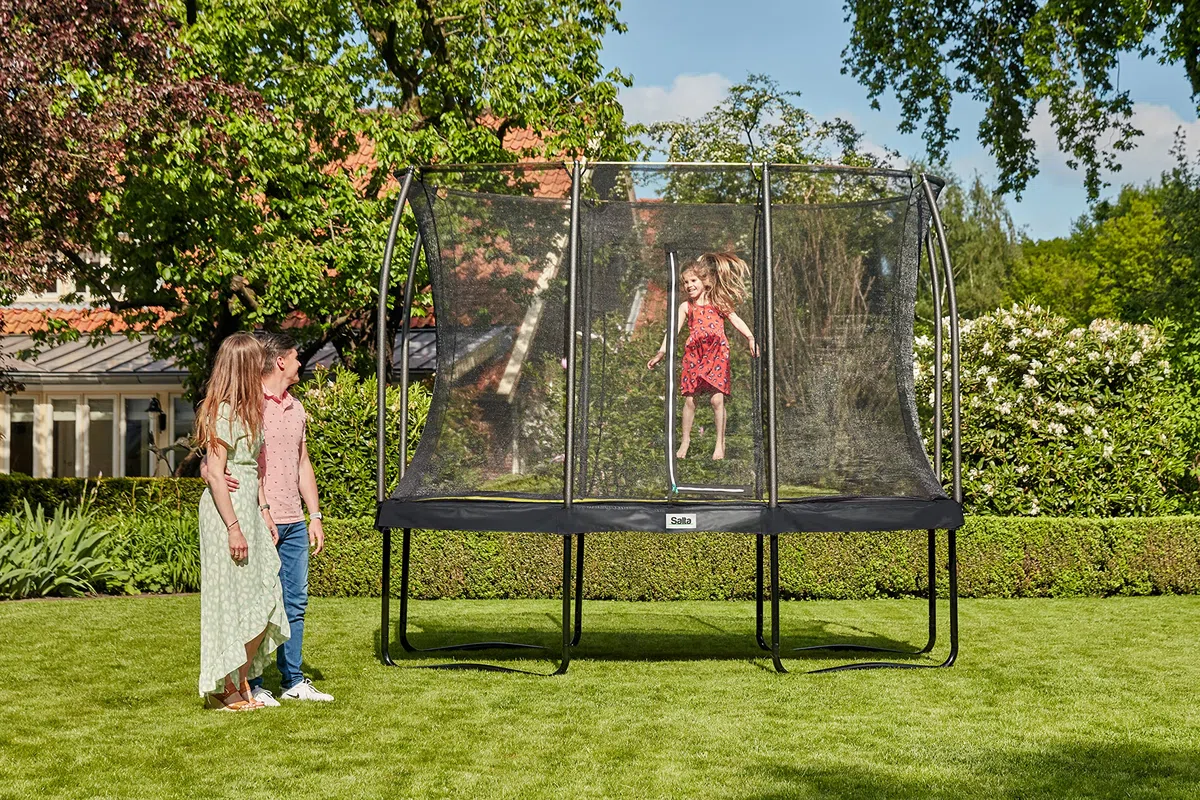 Salta Comfort Edition Trampoline d'extérieur, 214 x 153/305 x 214/366 x 244 cm, certifié TÜV, Noir/Vert/Rose, kit avec Tapis de Saut, Filet de sécurité, Ressorts galvanisés, Housse de Bord