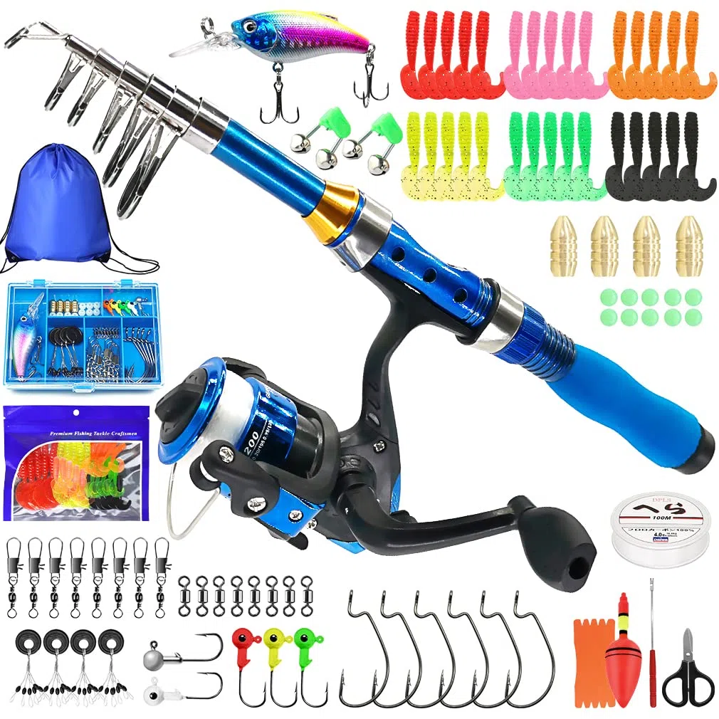 Kilitn Canne à pêche Portable pour Enfants, 1.5 m Canne à pêche télescopique Portable et Moulinet avec Ligne de pêche, kit Complet, équipement de pêche pour Enfants, garçons, Filles et Adultes